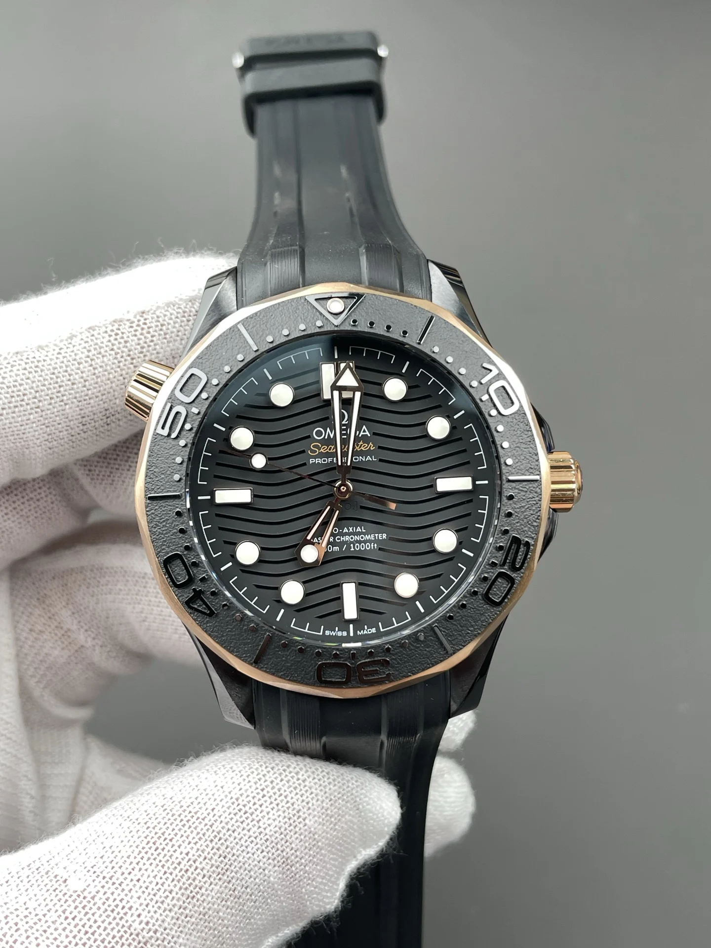 Omega Seamaster 300 Rose Gold 42mm — photographed off the sweep