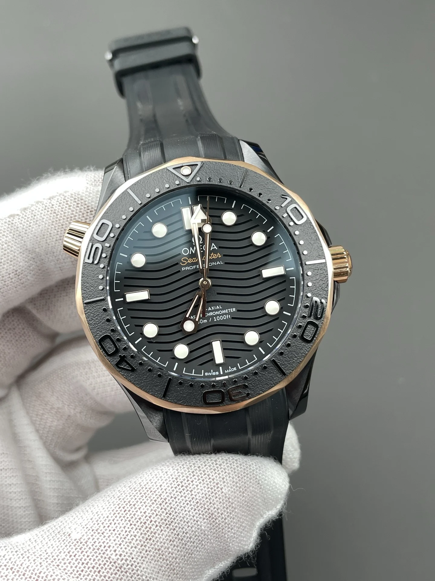Omega Seamaster 300 Rose Gold 42mm — photographed off the sweep