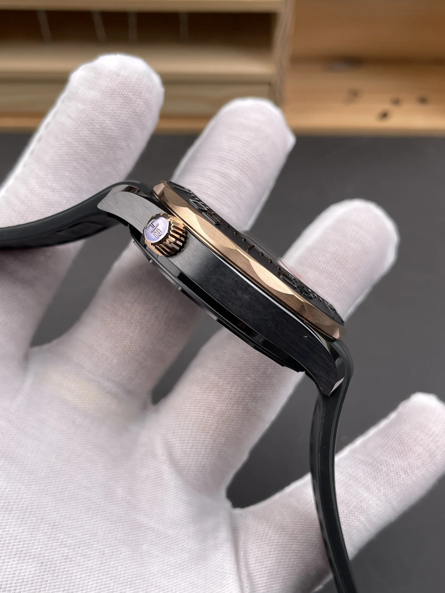 Omega Seamaster 300 Rose Gold Black Dial 42mm — photographed off the sweep
