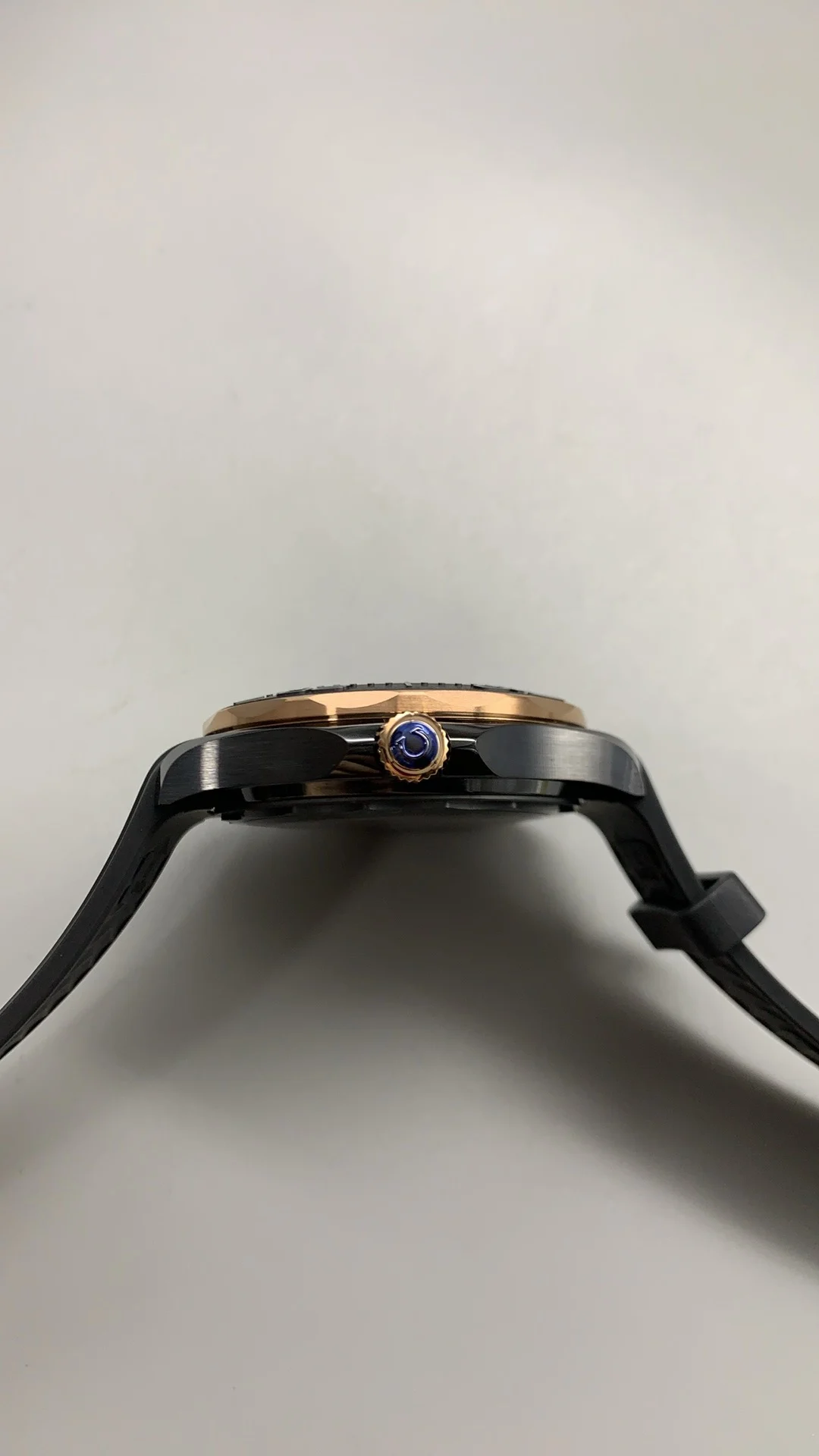 Omega Seamaster 300 Rose Gold Black Dial 43.5mm — photographed off the sweep