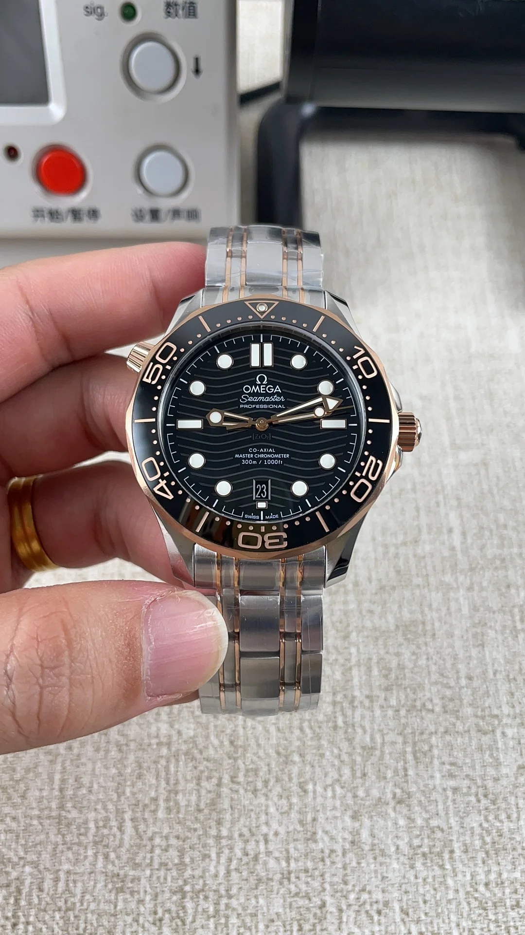 Omega Seamaster 300 Rose Gold — photographed off the sweep