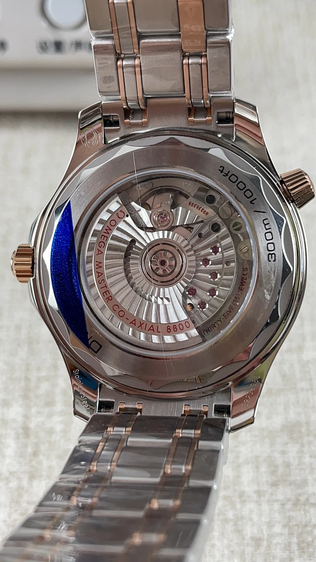Omega Seamaster 300 Rose Gold — photographed off the sweep