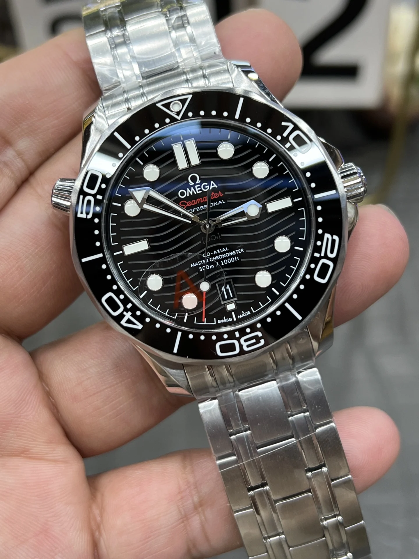 Omega Seamaster 300 Steel Black Dial — photographed off the sweep