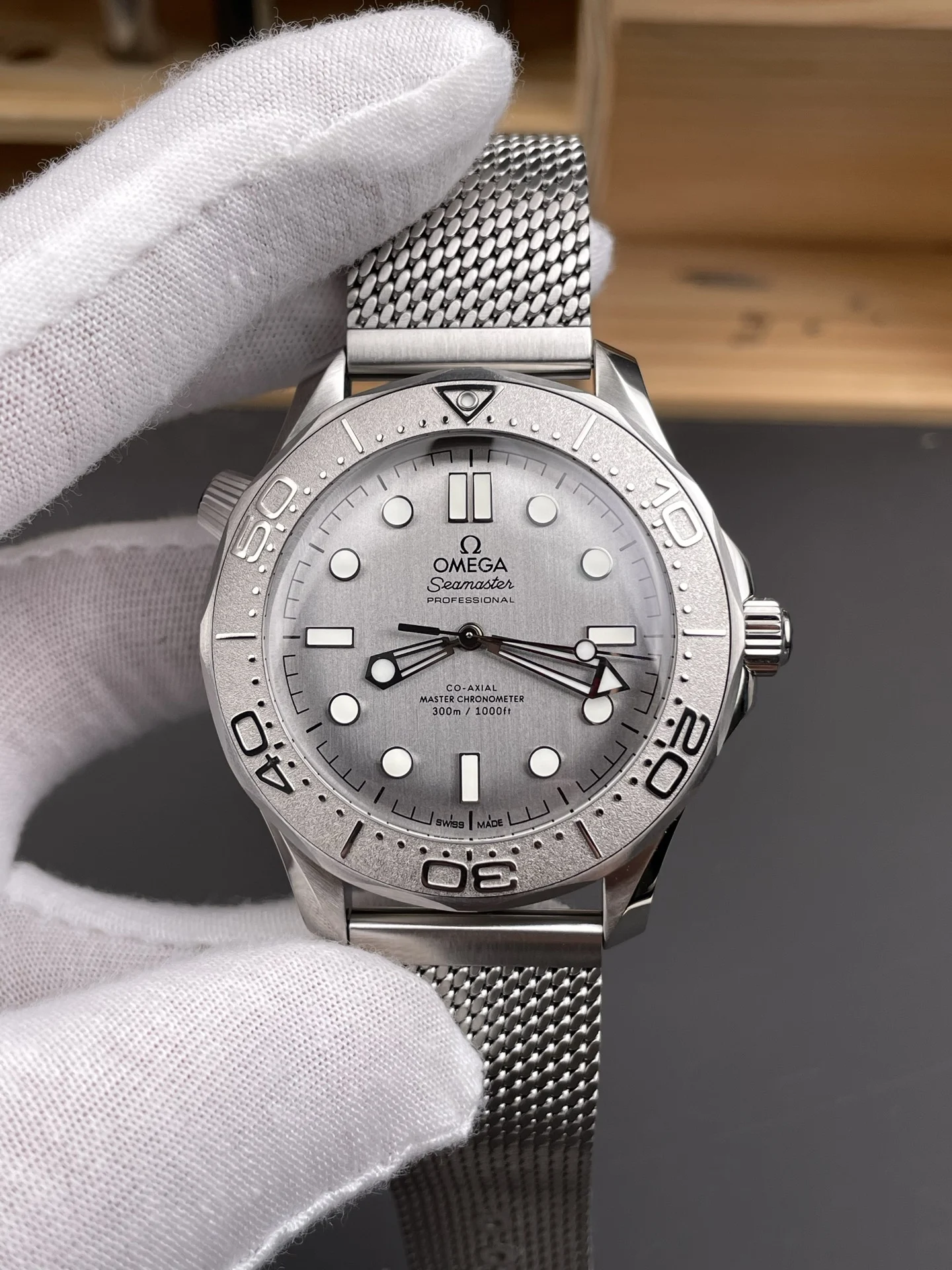 Omega Seamaster 300 Titanium Grey Dial — photographed off the sweep
