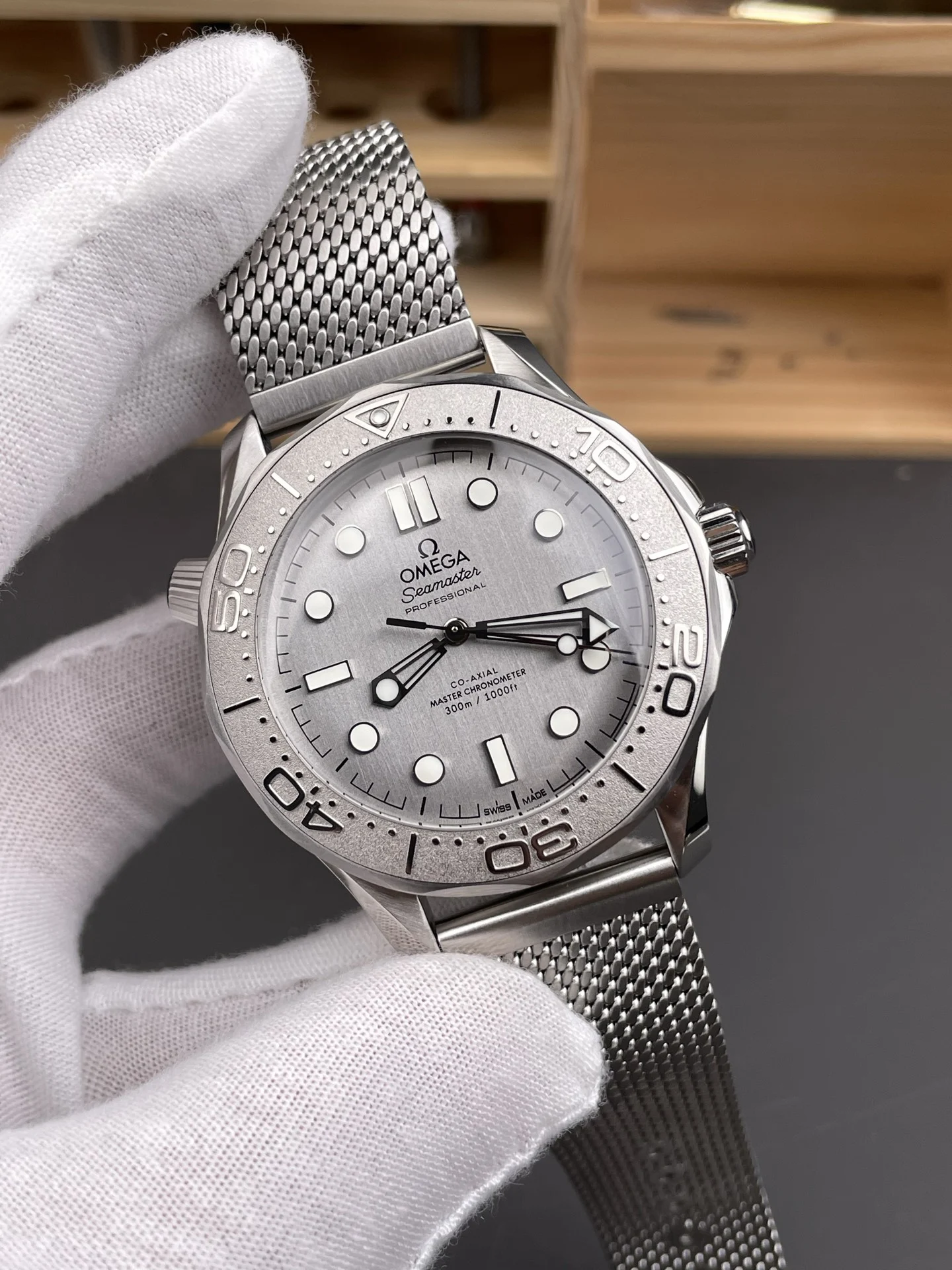 Omega Seamaster 300 Titanium Grey Dial — photographed off the sweep