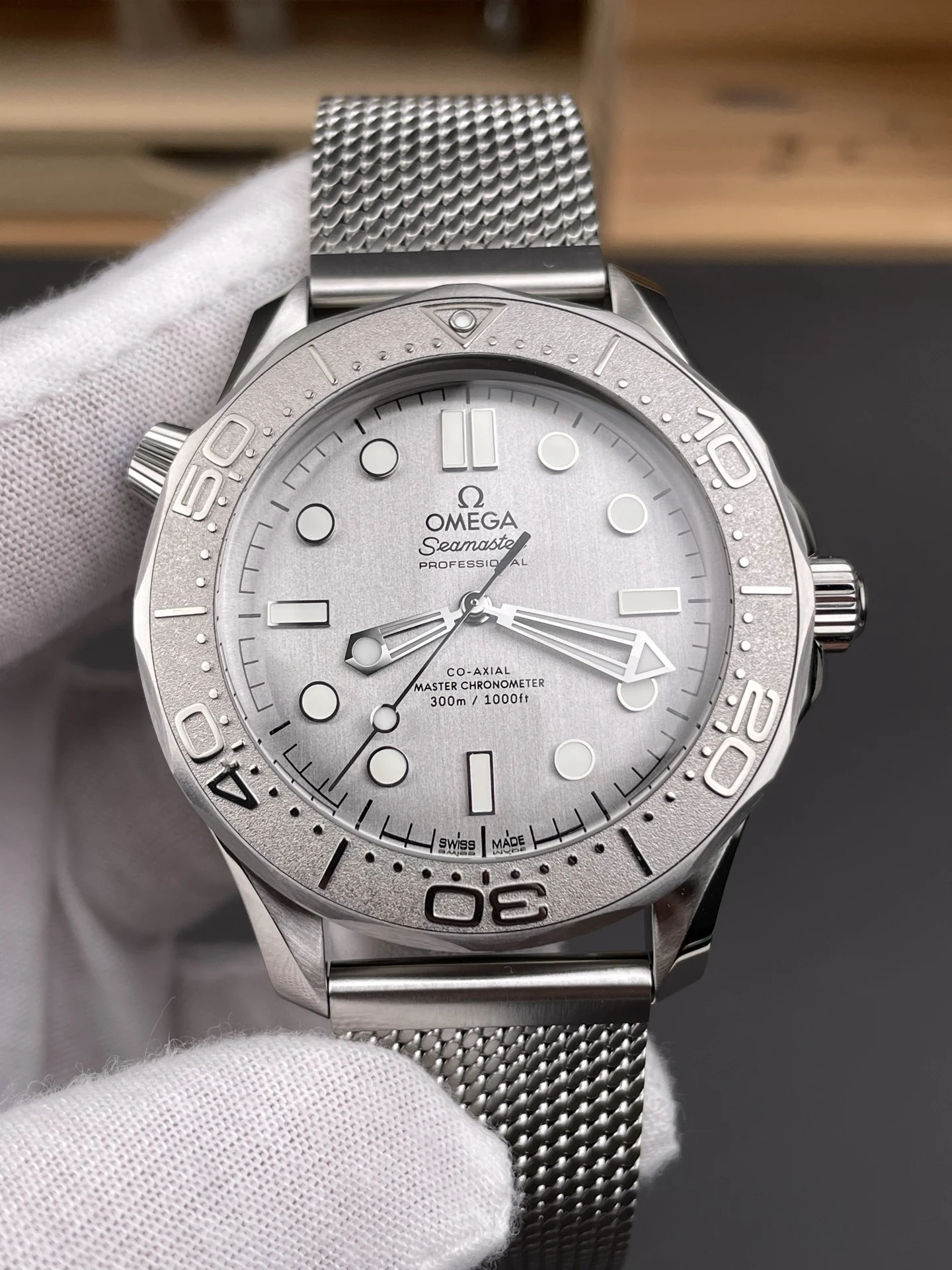 Omega Seamaster 300 Titanium Grey Dial — photographed off the sweep