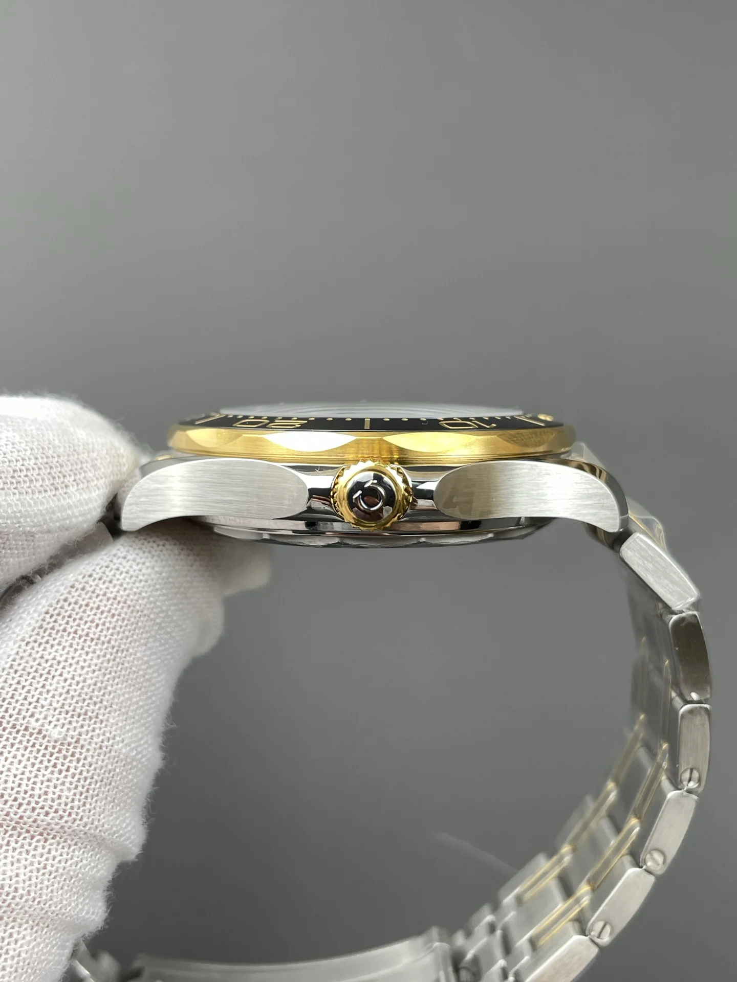 Omega Seamaster 300 Two-Tone Black Dial 42mm — photographed off the sweep