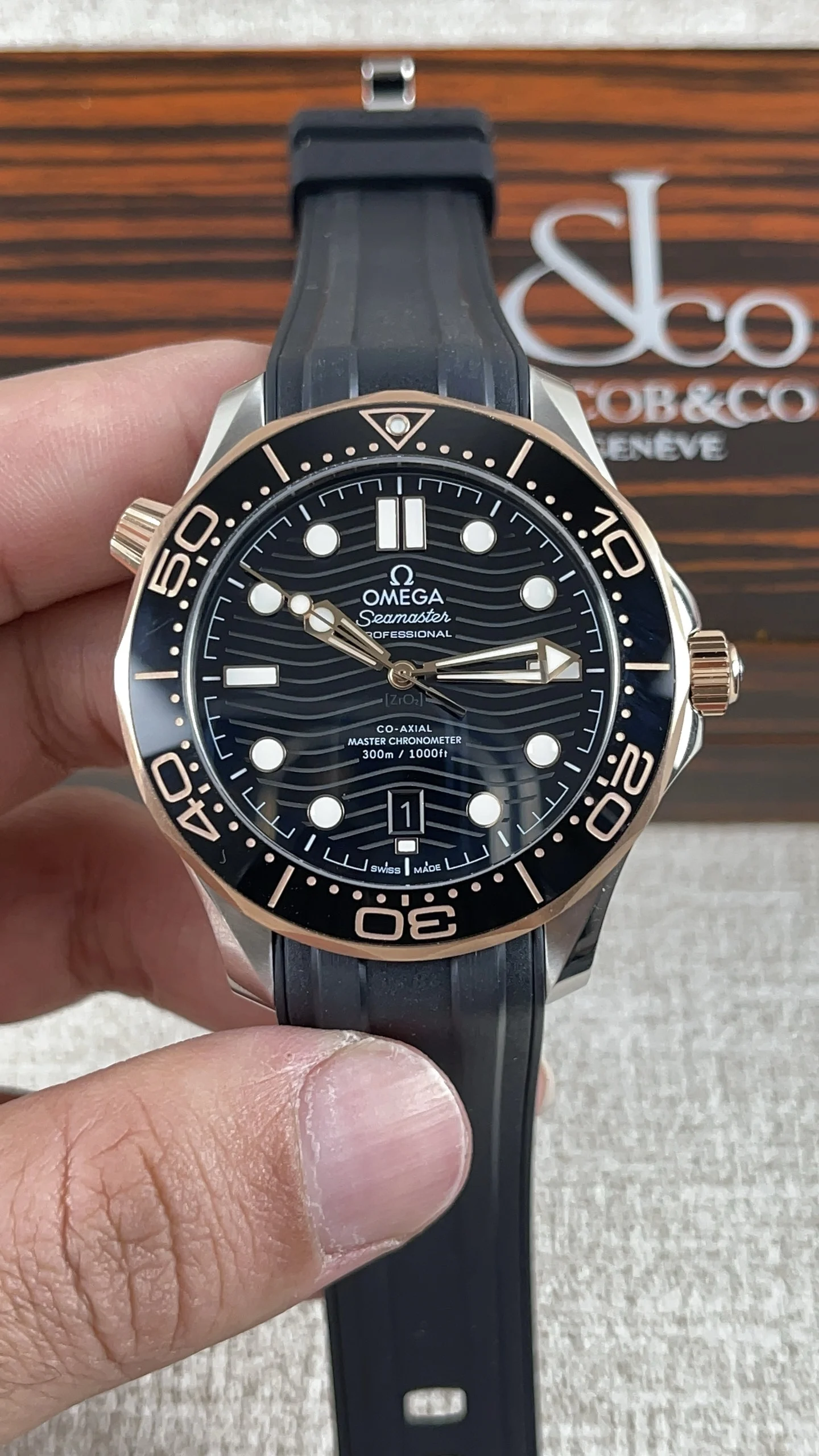 Omega Seamaster 300 Two-Tone — photographed off the sweep