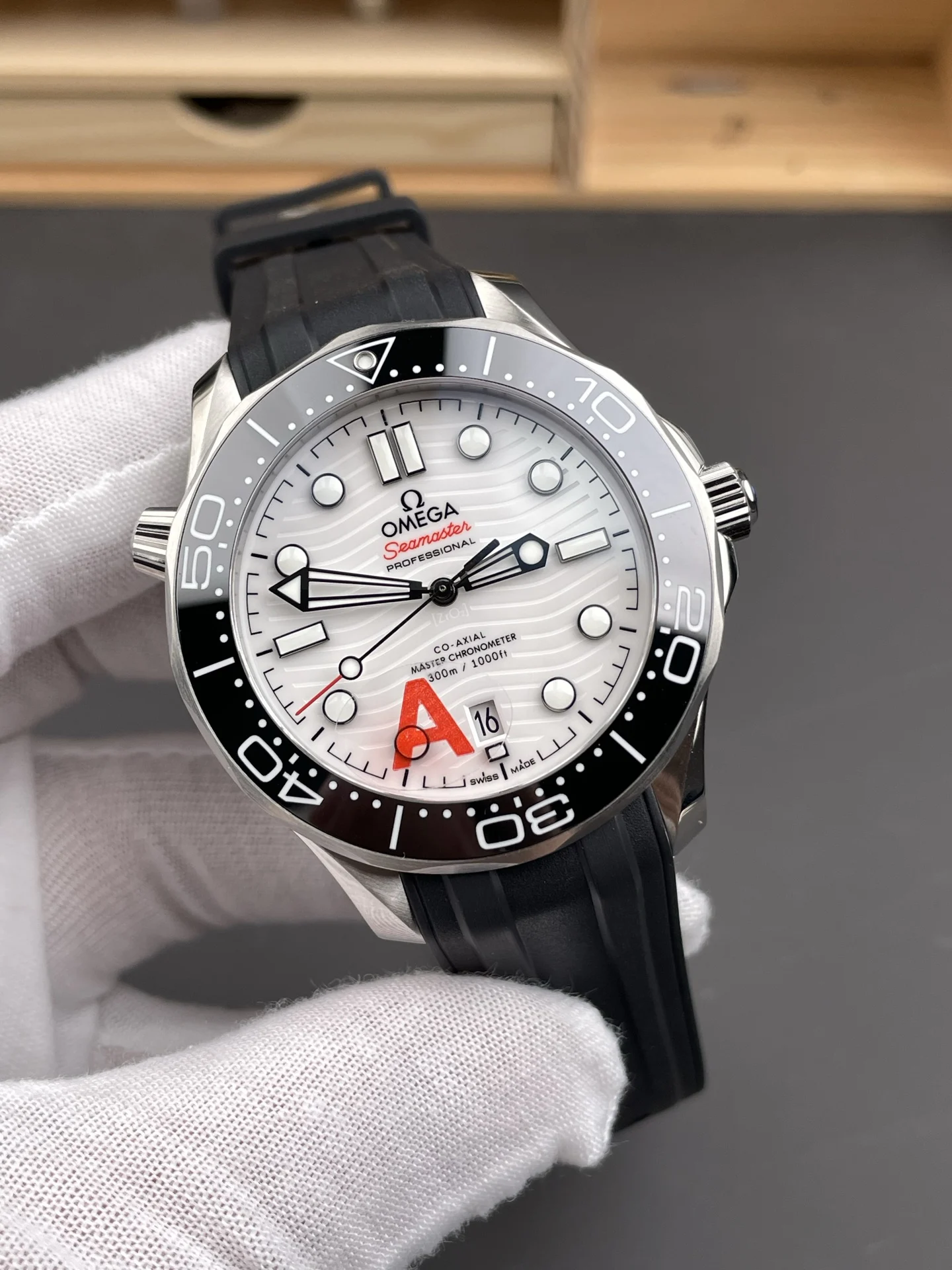 Omega Seamaster 300 White Dial 42mm — photographed off the sweep