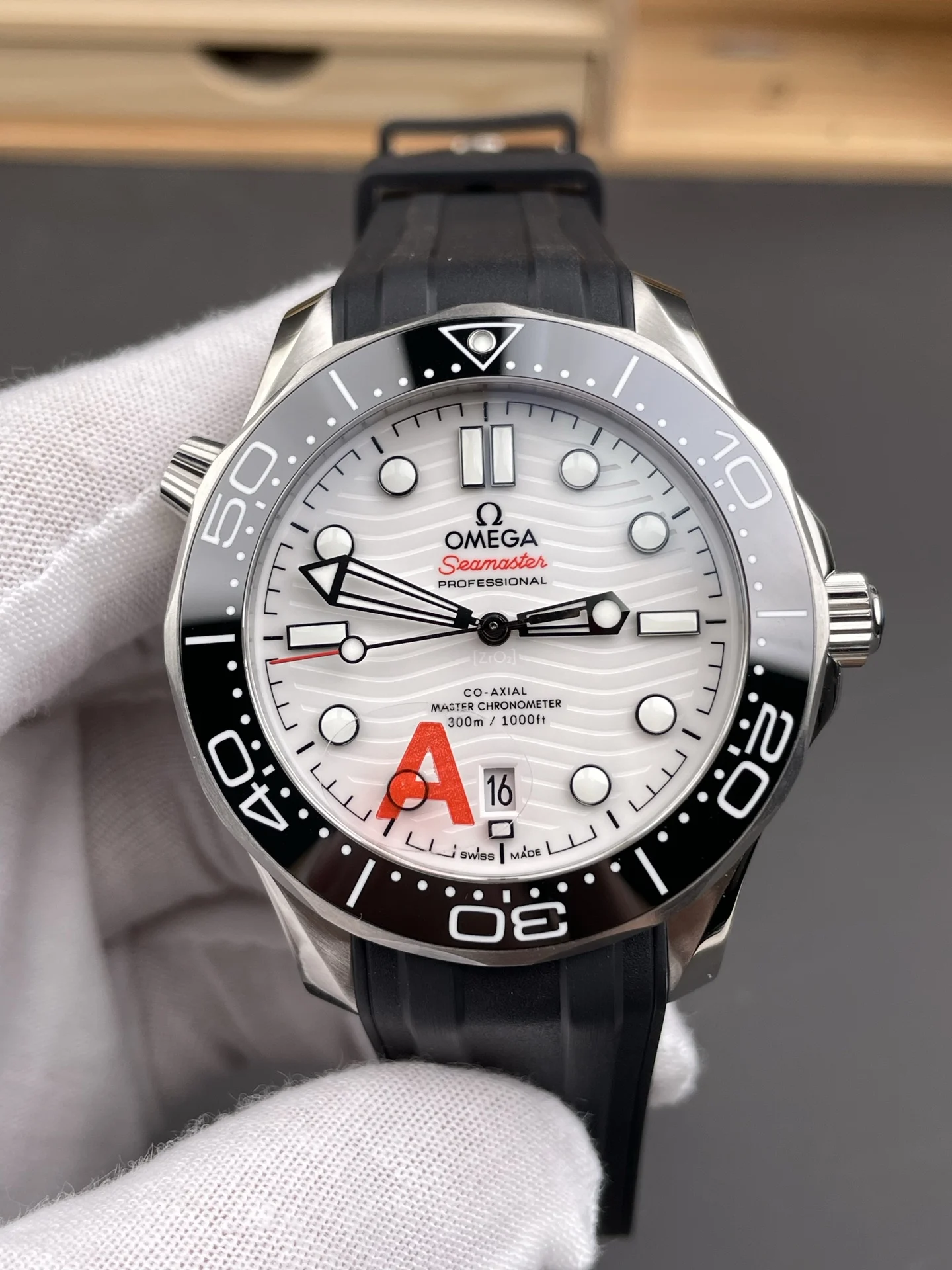 Omega Seamaster 300 White Dial 42mm — photographed off the sweep