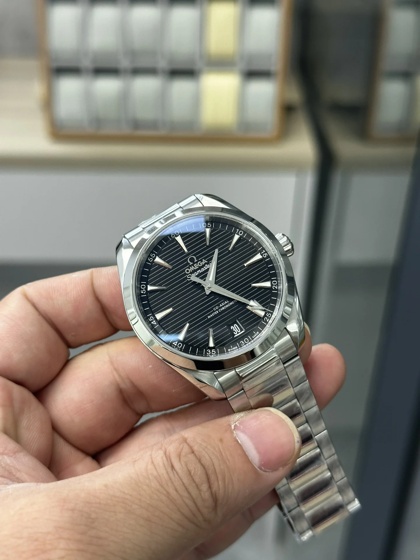 Omega Seamaster Aqua Terra Black Dial — photographed off the sweep
