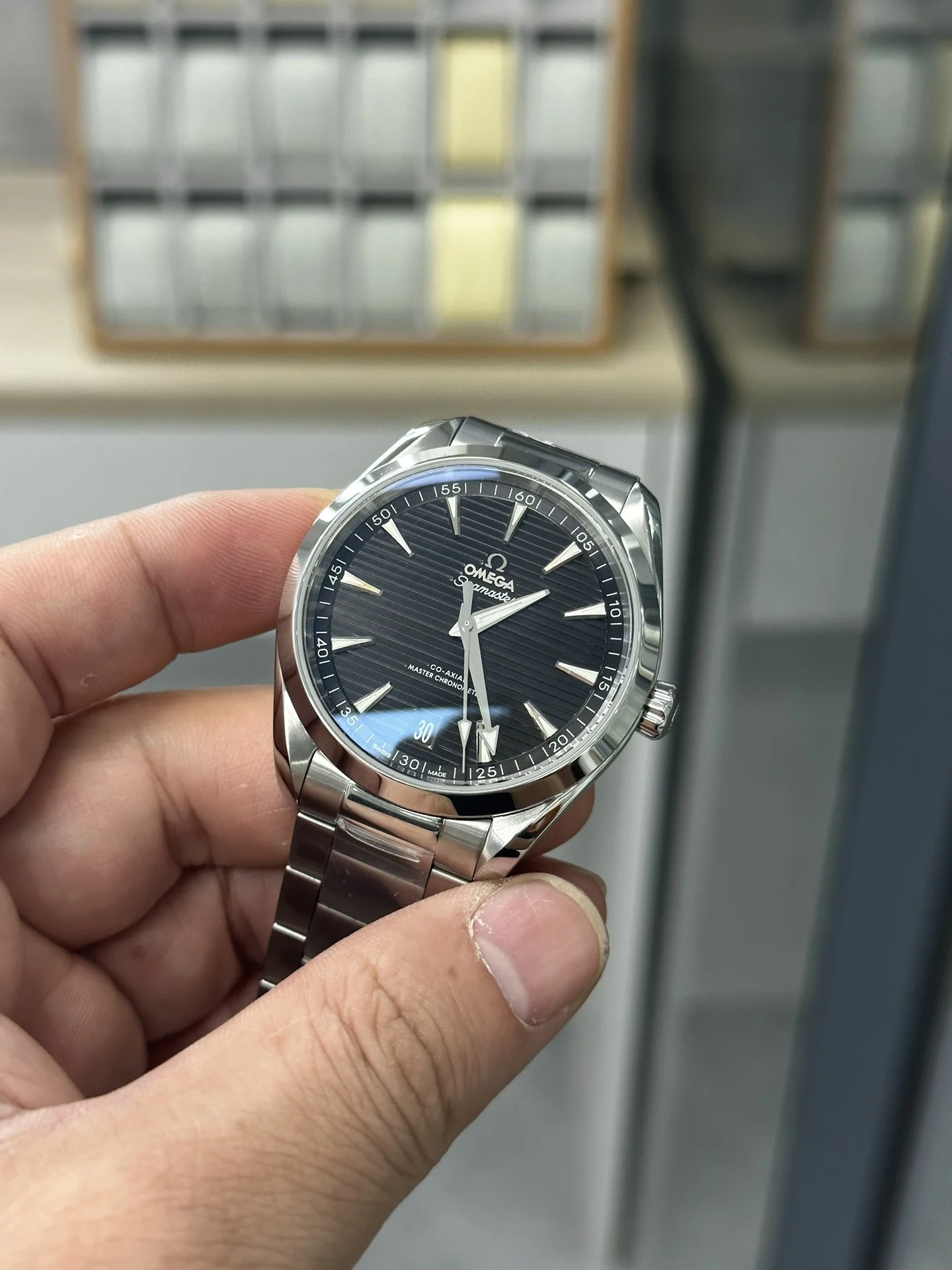 Omega Seamaster Aqua Terra Black Dial — photographed off the sweep