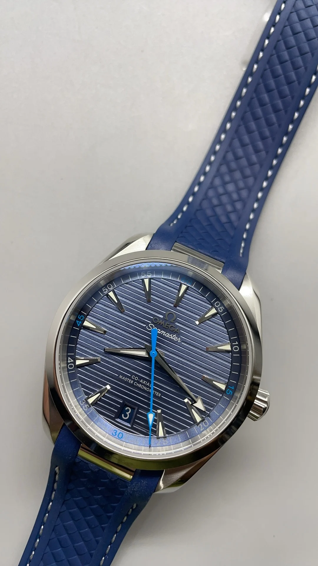 Omega Seamaster Aqua Terra Blue Dial — photographed off the sweep