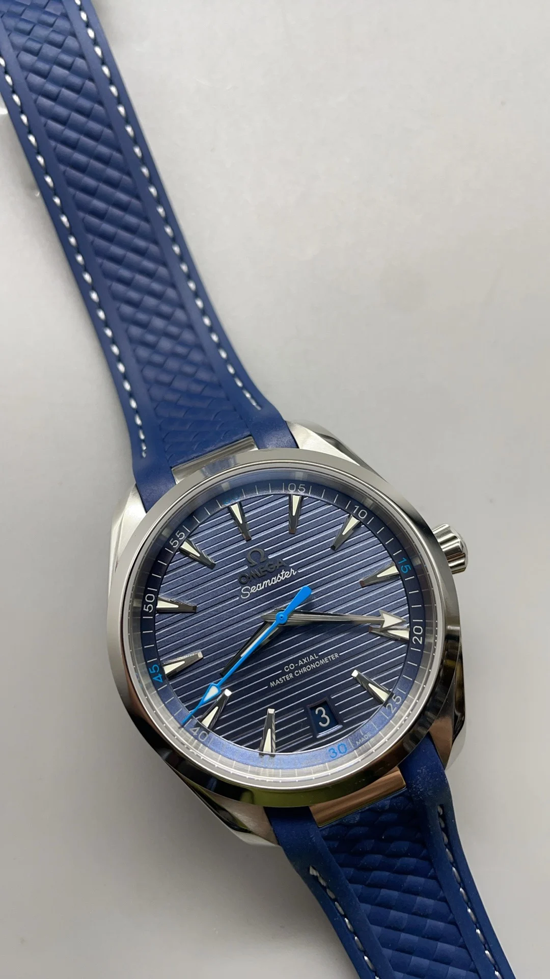 Omega Seamaster Aqua Terra Blue Dial — photographed off the sweep