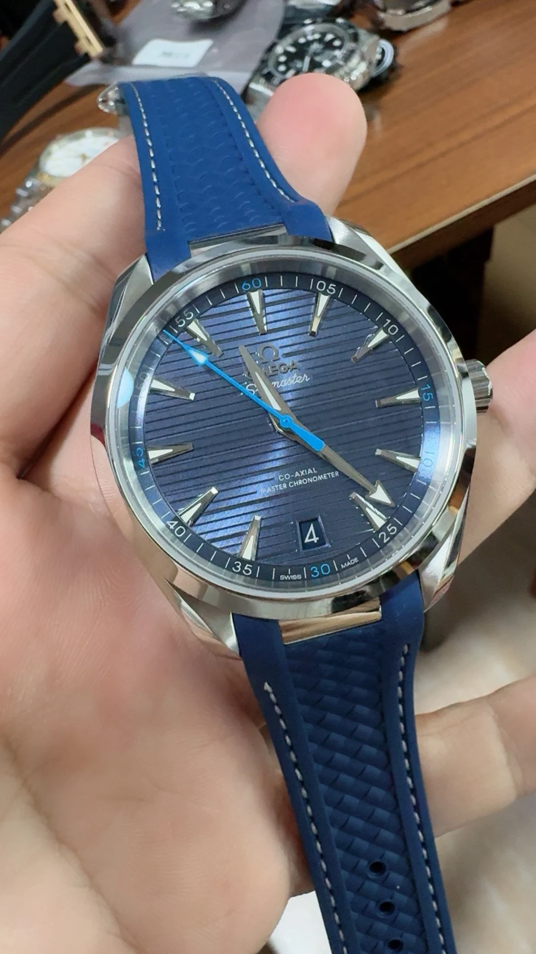 Omega Seamaster Aqua Terra Blue Dial — photographed off the sweep