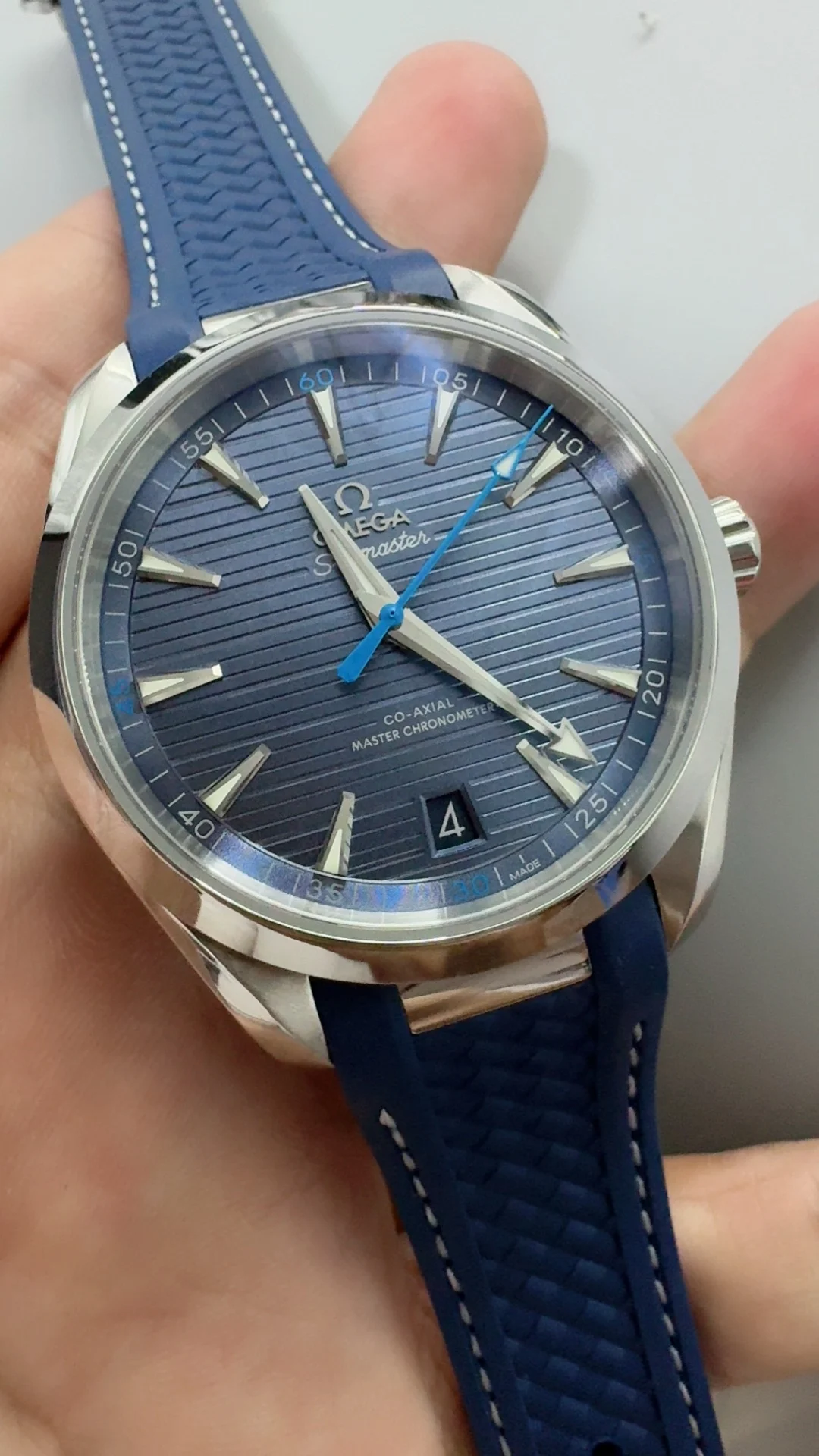 Omega Seamaster Aqua Terra Blue Dial — photographed off the sweep