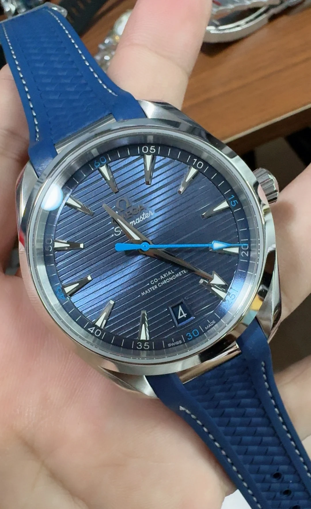 Omega Seamaster Aqua Terra Blue Dial — photographed off the sweep