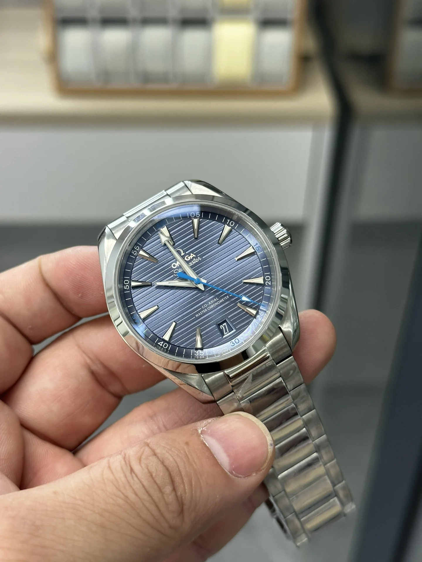 Omega Seamaster Aqua Terra Blue Dial — photographed off the sweep