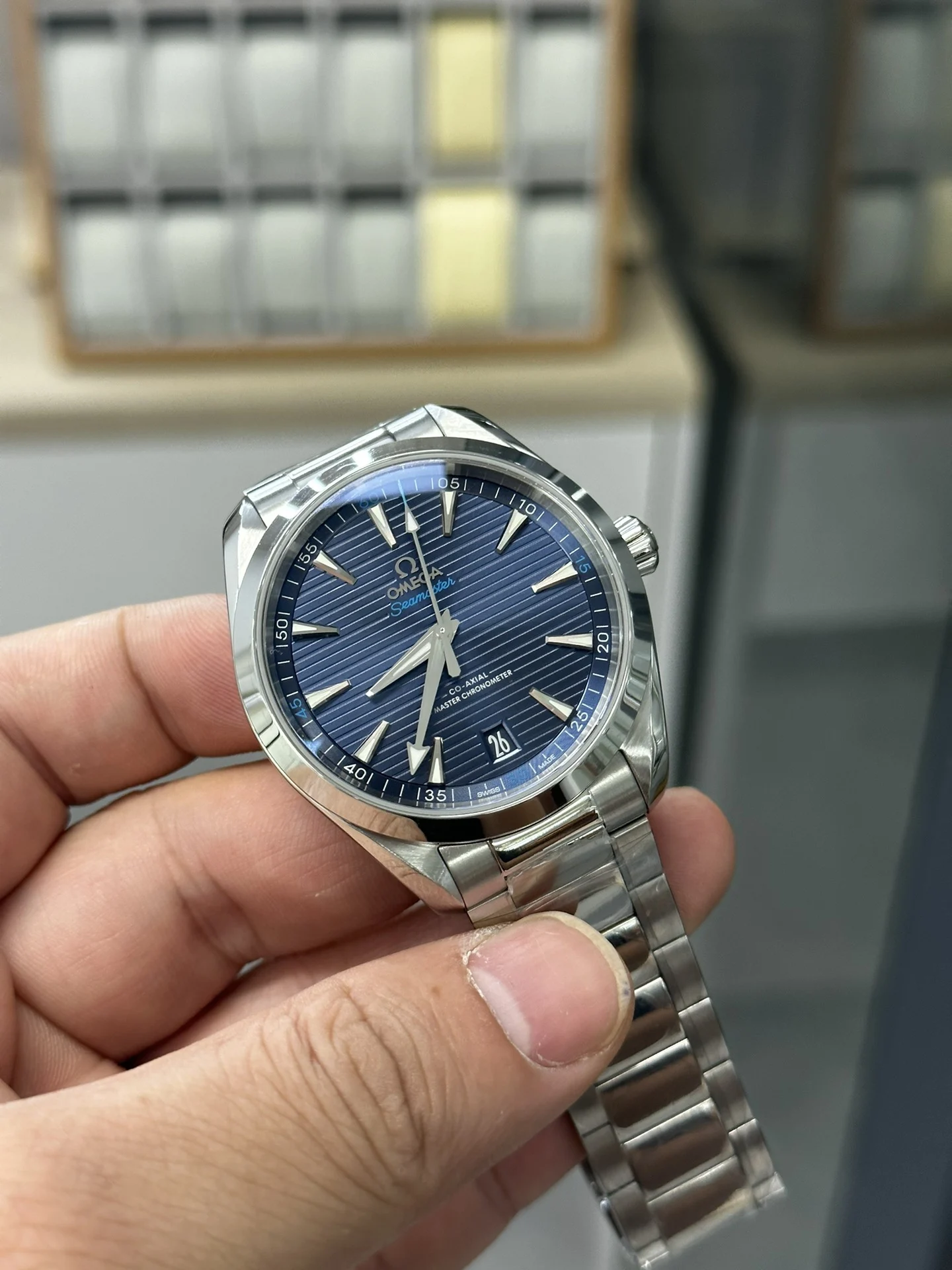 Omega Seamaster Aqua Terra Blue Dial — photographed off the sweep