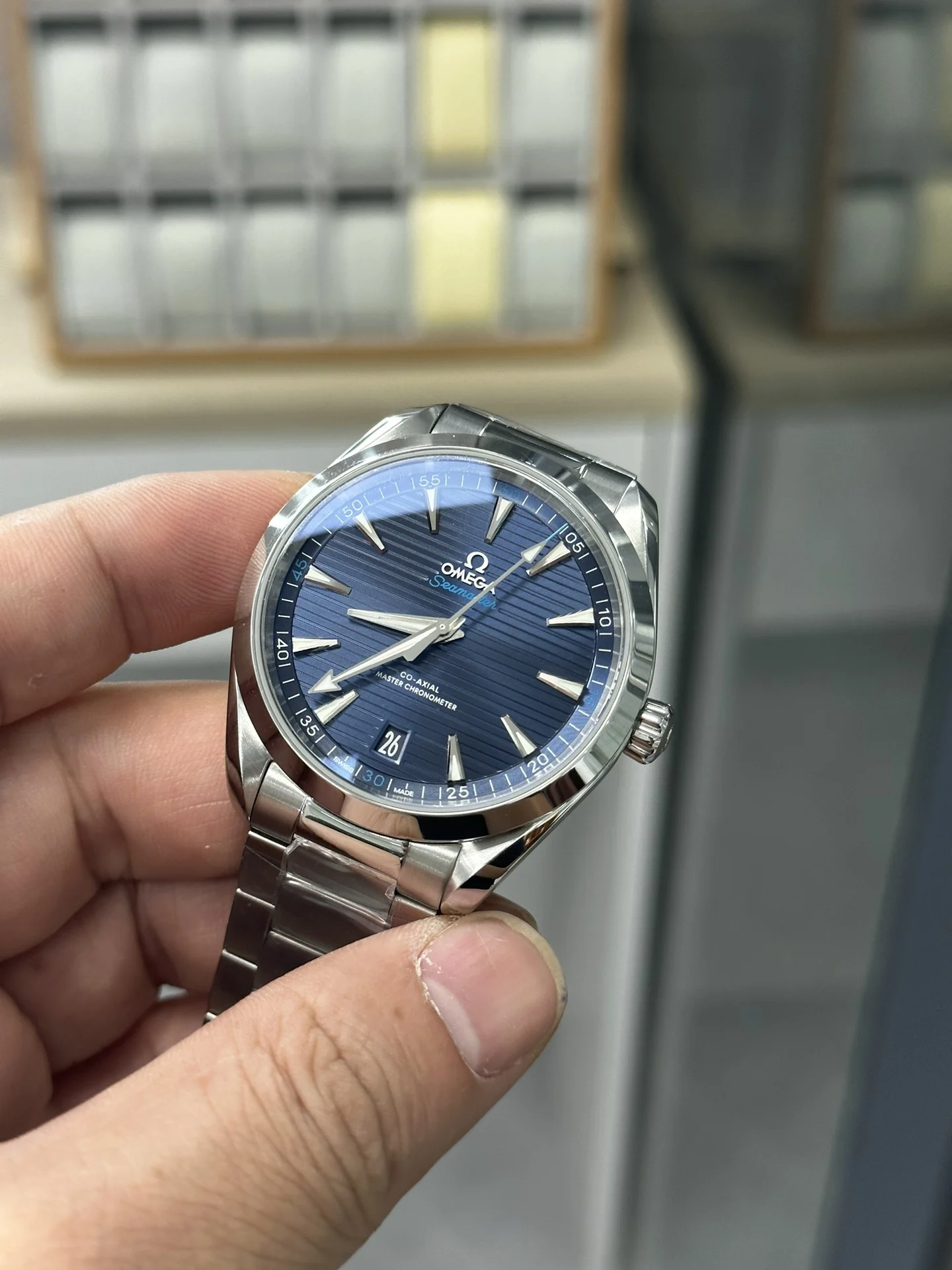 Omega Seamaster Aqua Terra Blue Dial — photographed off the sweep