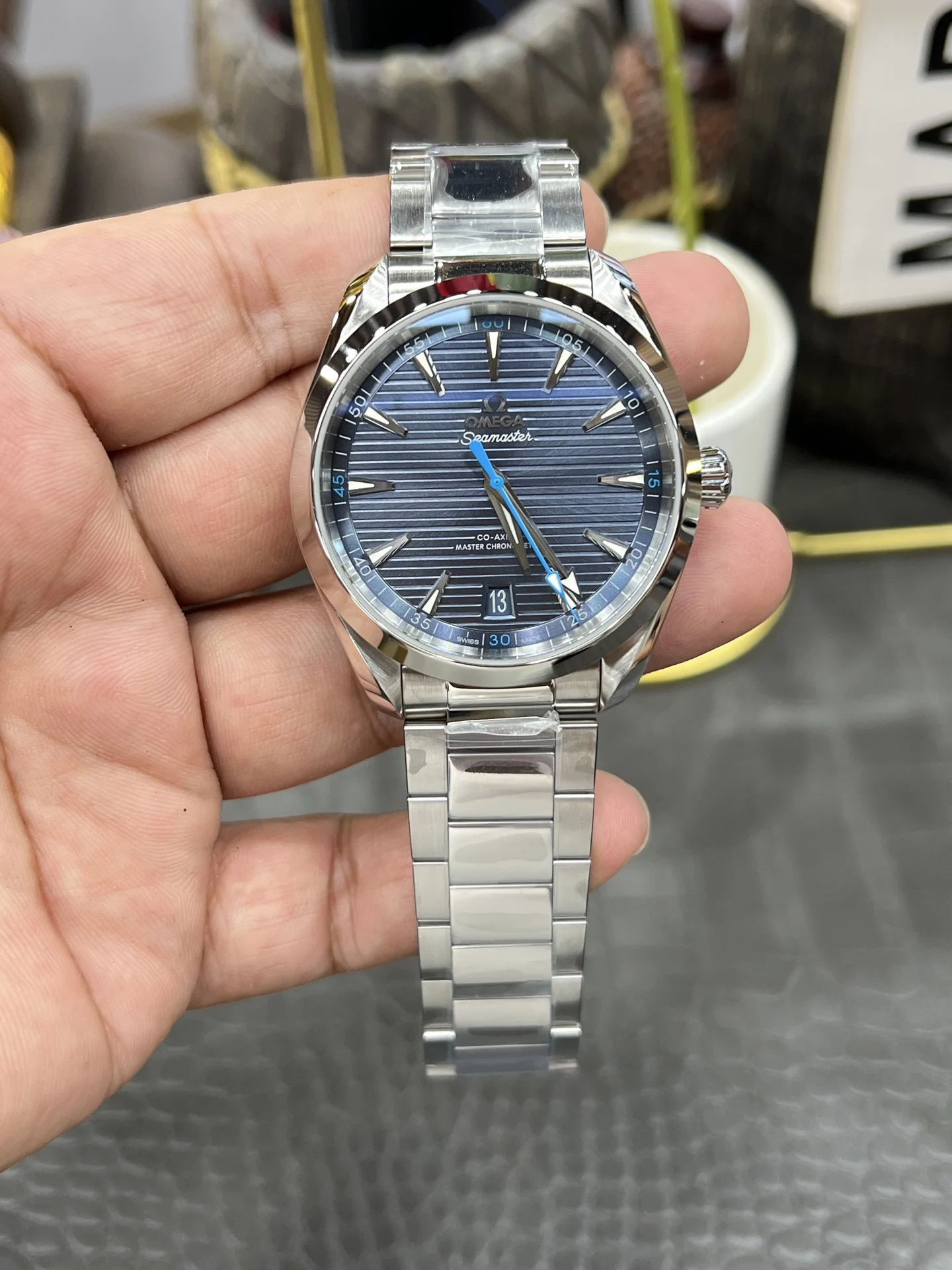 Omega Seamaster Aqua Terra Blue Dial 41.5mm — photographed off the sweep