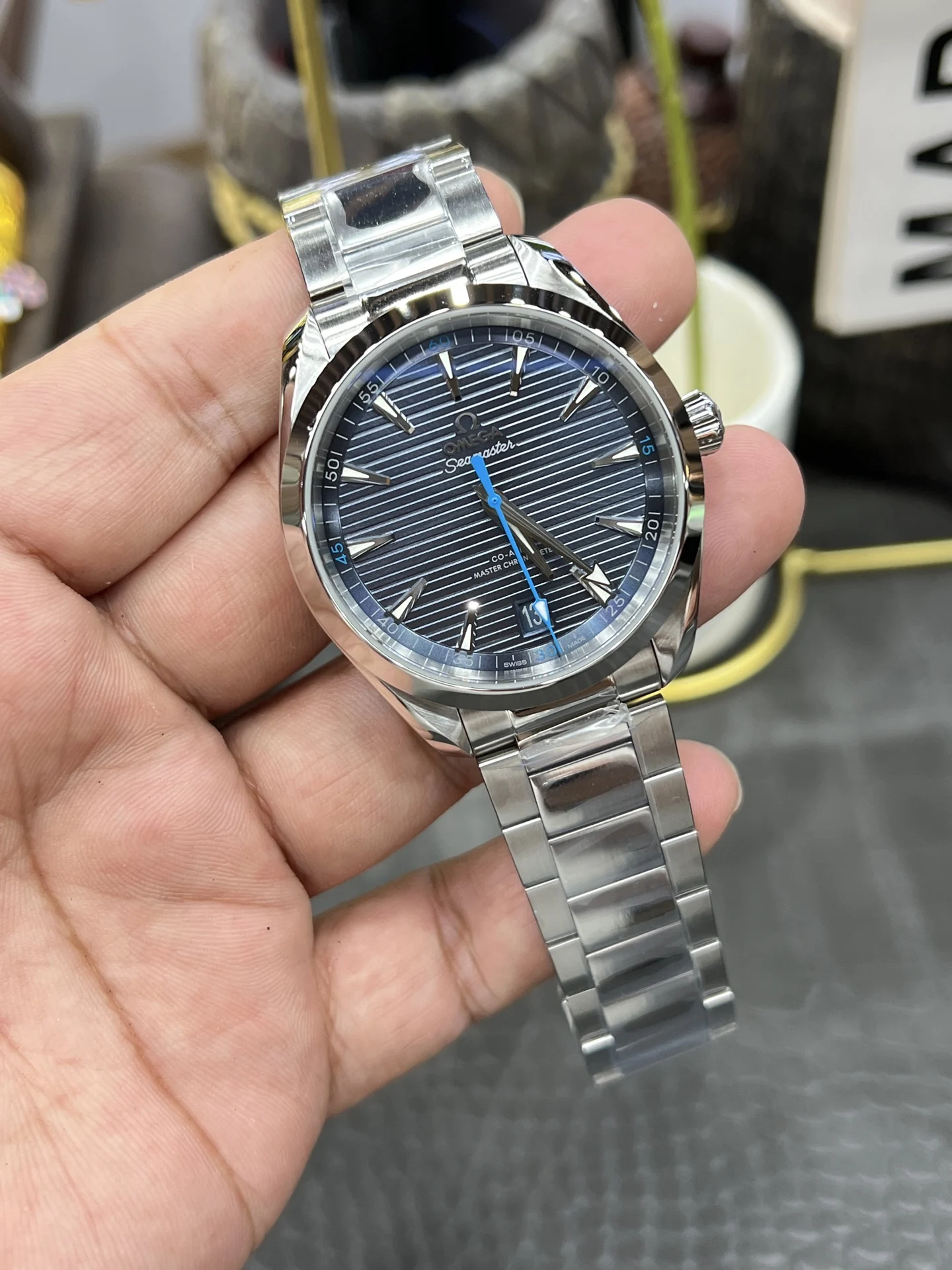 Omega Seamaster Aqua Terra Blue Dial 41.5mm — photographed off the sweep