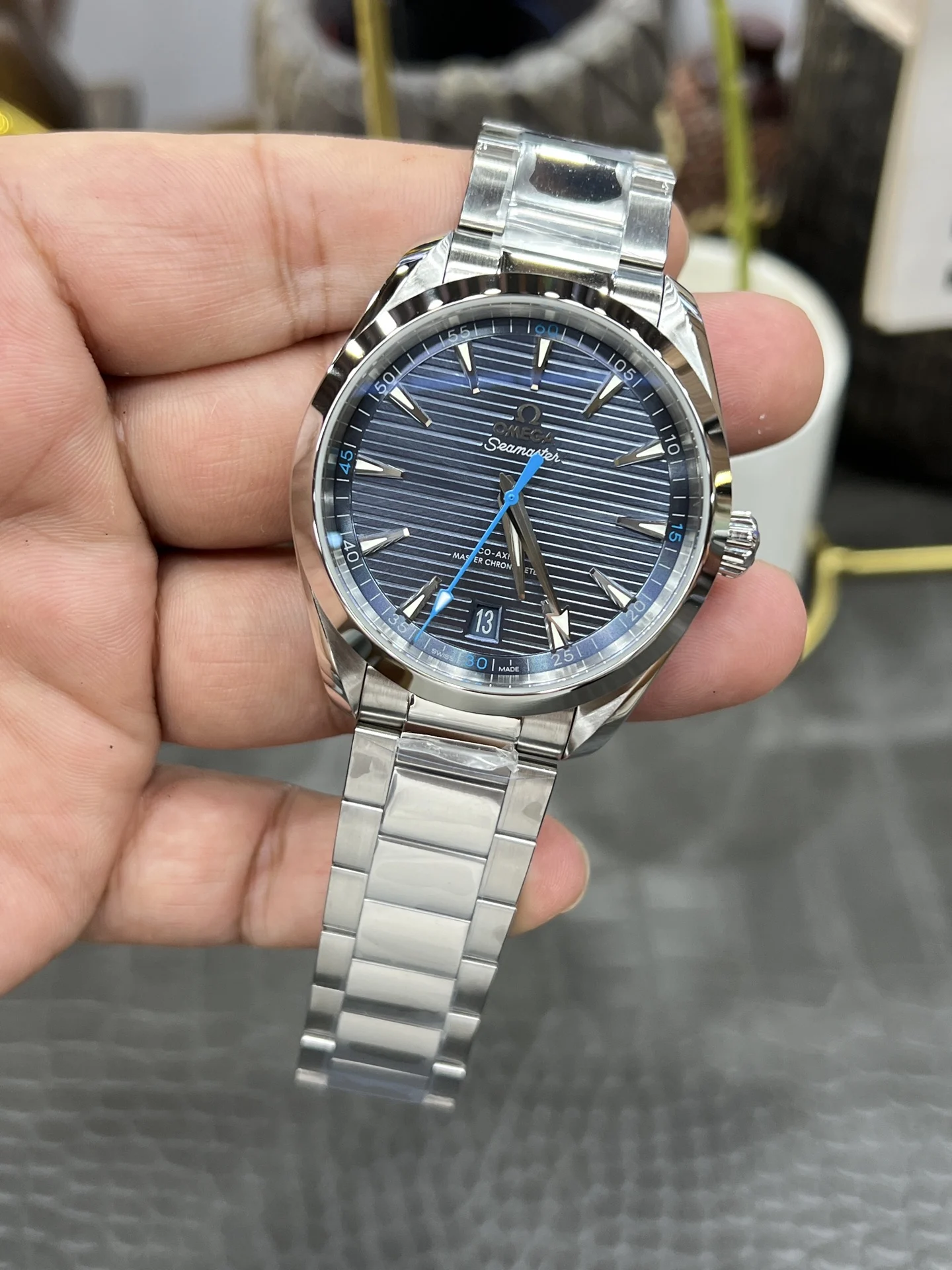 Omega Seamaster Aqua Terra Blue Dial 41.5mm — photographed off the sweep