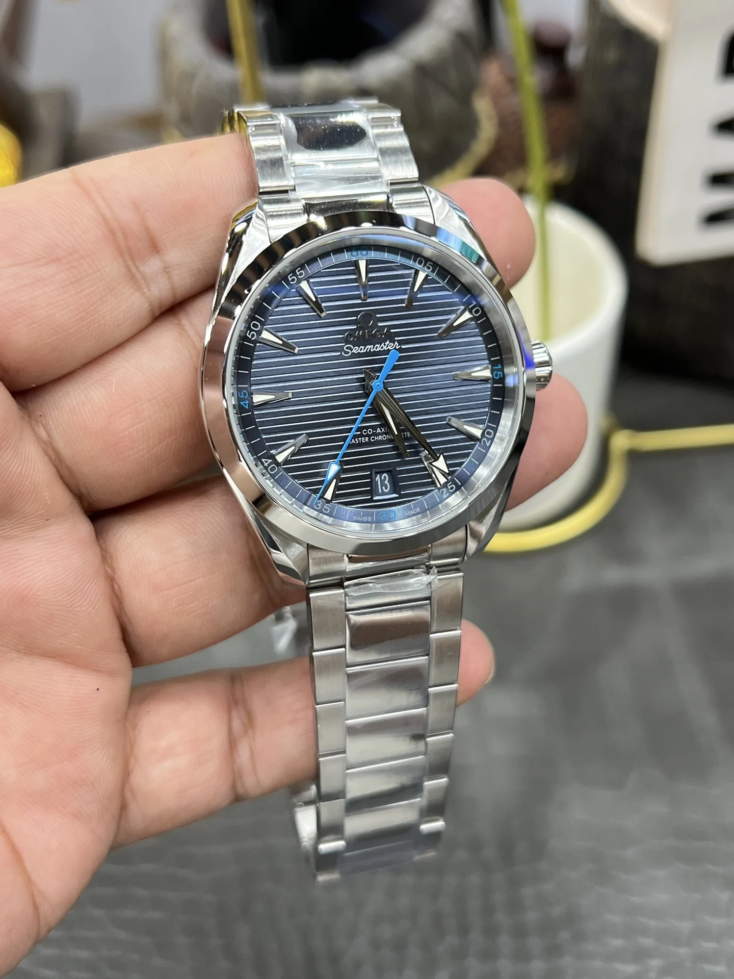 Omega Seamaster Aqua Terra Blue Dial 41.5mm — photographed off the sweep