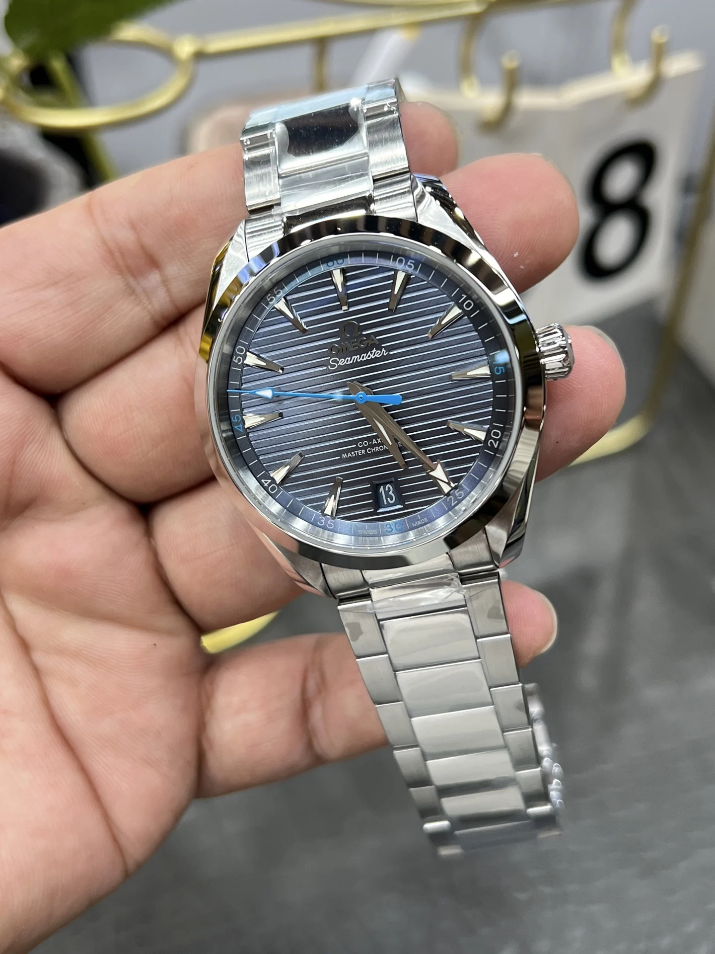 Omega Seamaster Aqua Terra Blue Dial 41.5mm — photographed off the sweep