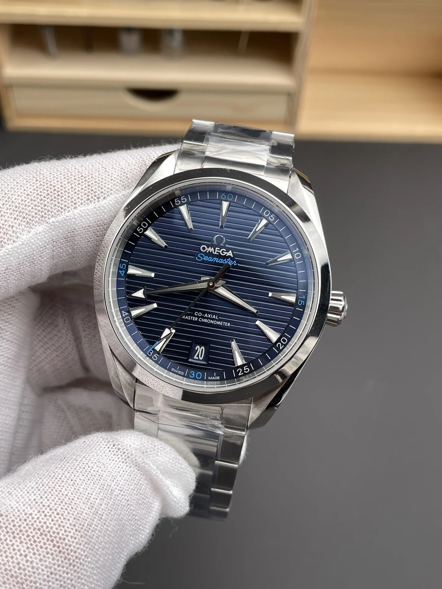 Omega Seamaster Aqua Terra Blue Dial 41mm — photographed off the sweep