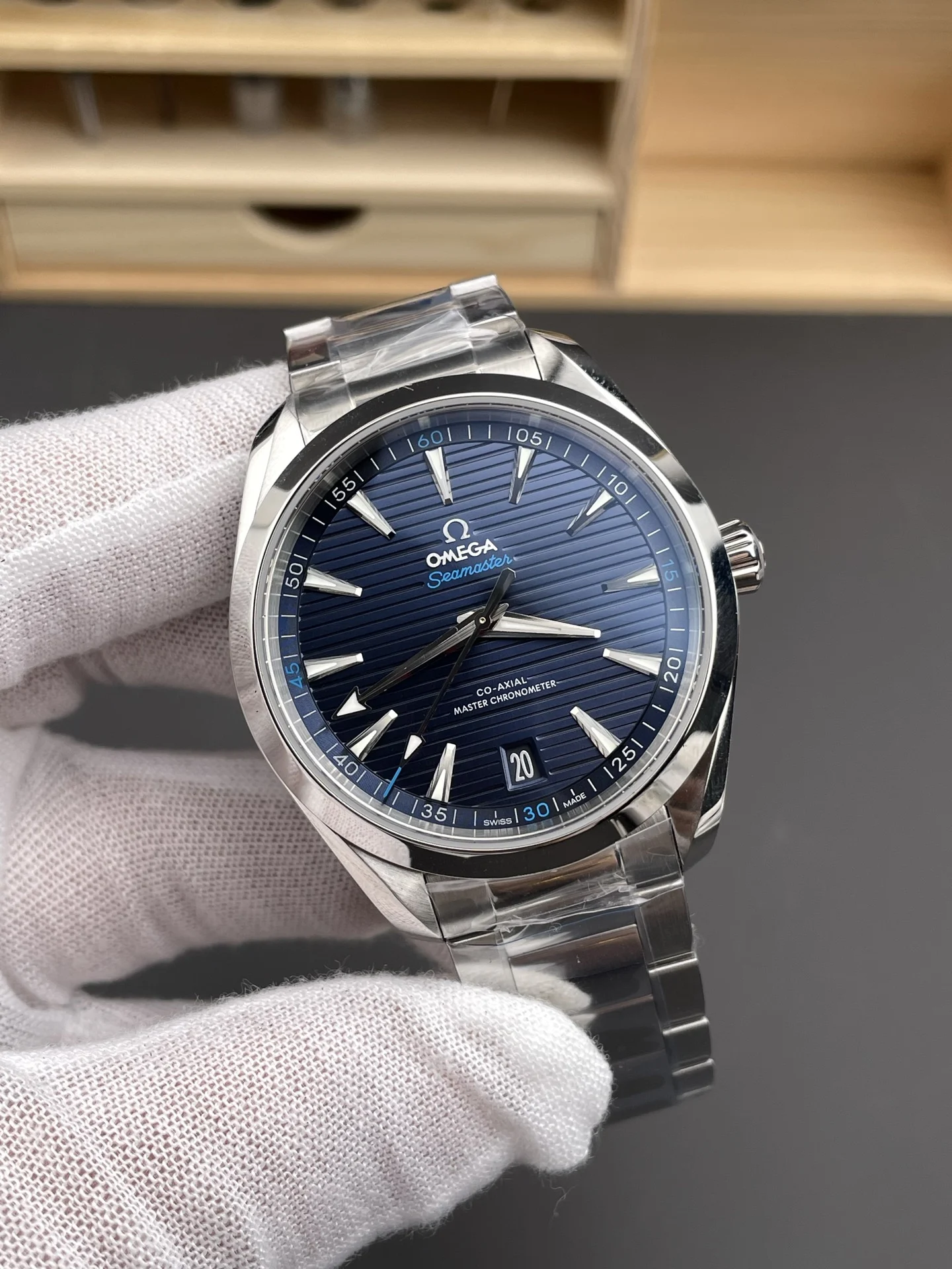 Omega Seamaster Aqua Terra Blue Dial 41mm — photographed off the sweep