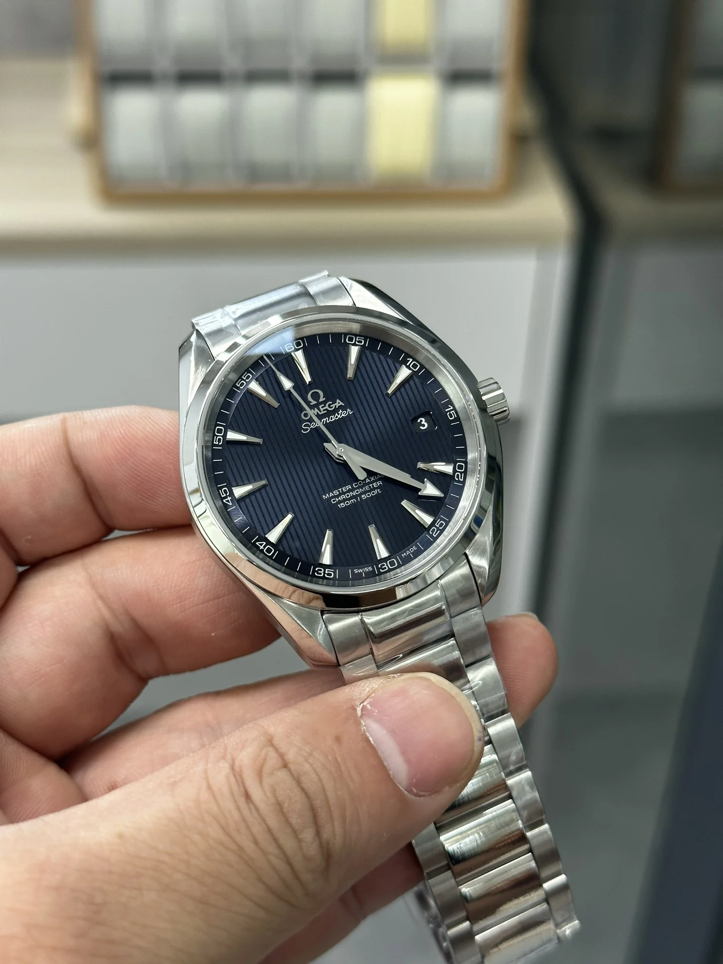 Omega Seamaster Aqua Terra Blue Dial — photographed off the sweep