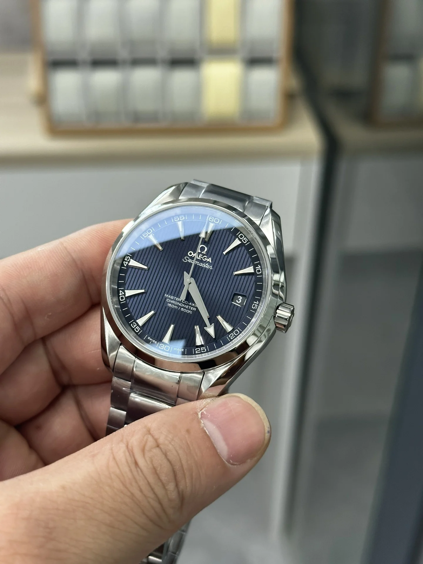 Omega Seamaster Aqua Terra Blue Dial — photographed off the sweep