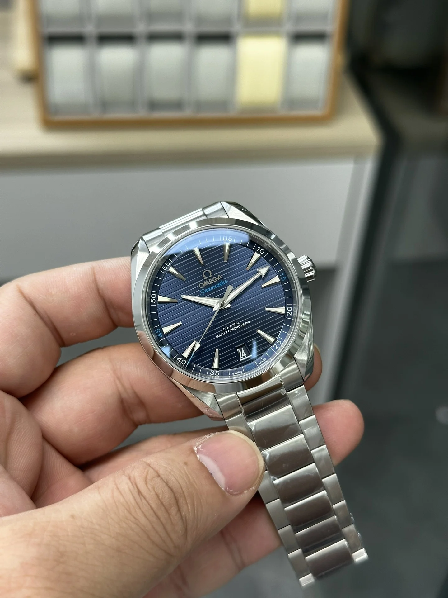 Omega Seamaster Aqua Terra Blue Dial — photographed off the sweep
