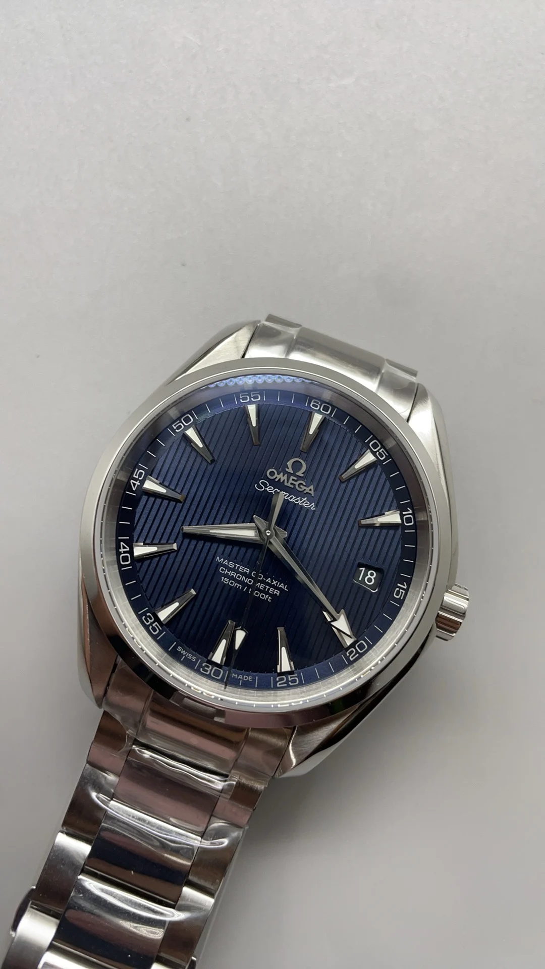 Omega Seamaster Aqua Terra Blue Dial — photographed off the sweep