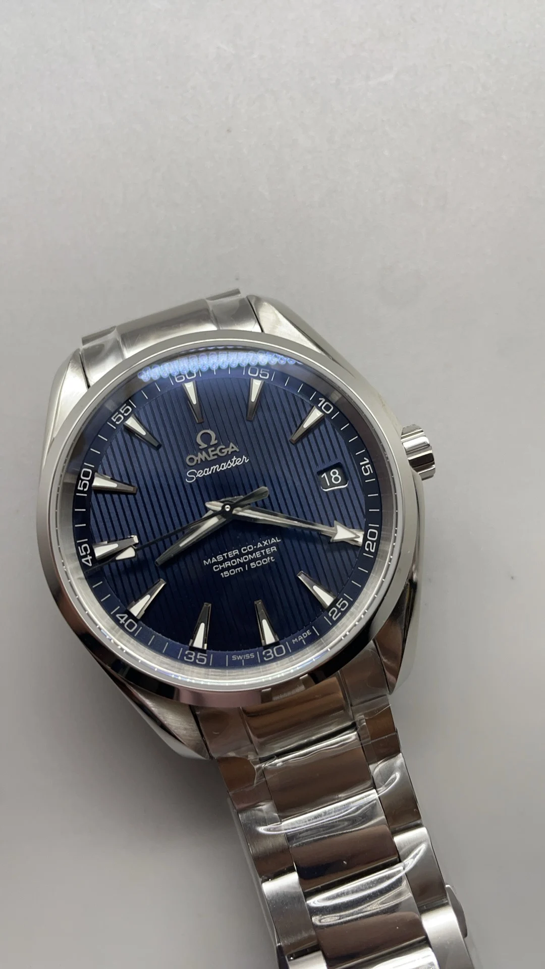 Omega Seamaster Aqua Terra Blue Dial — photographed off the sweep