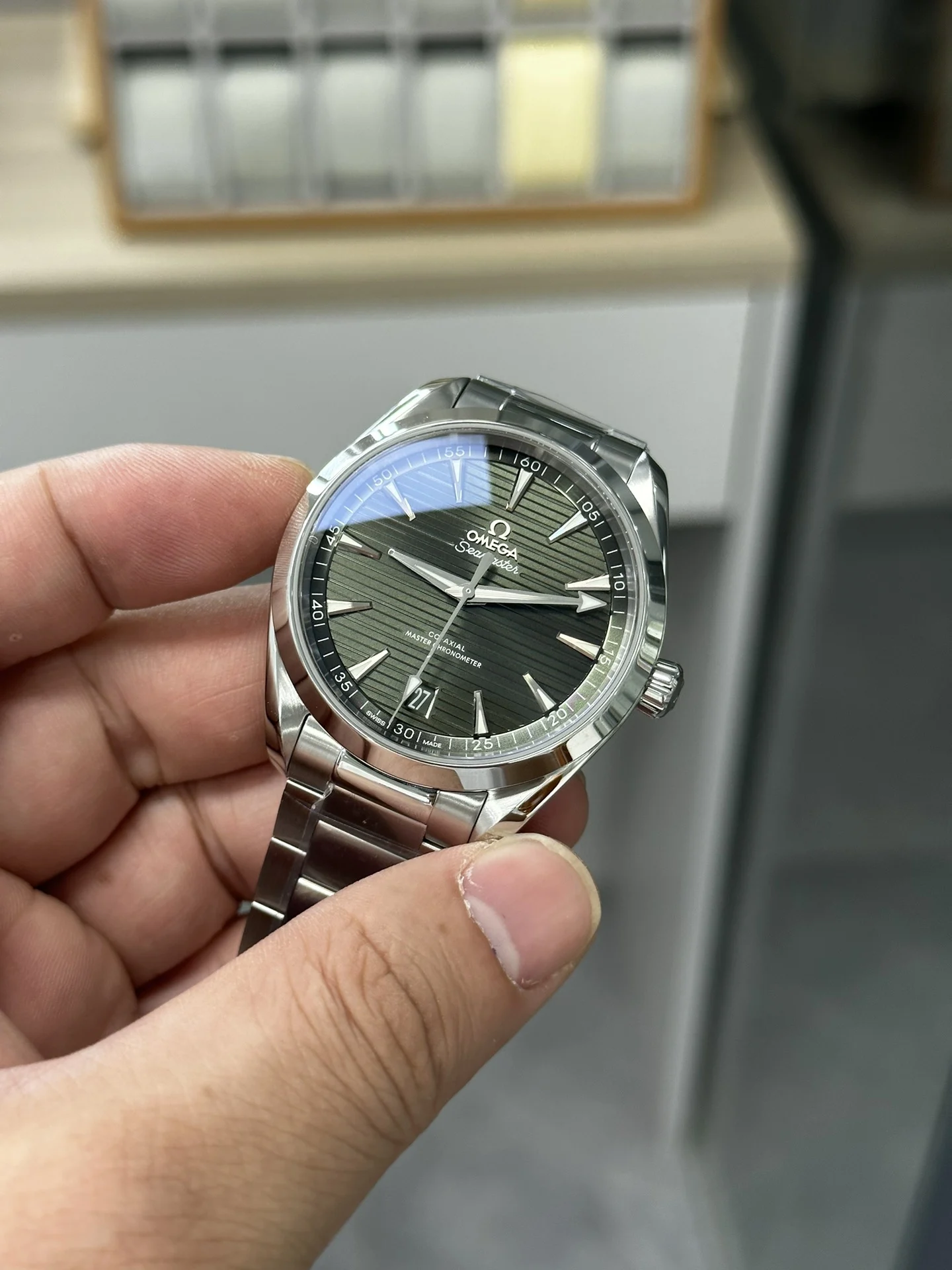 Omega Seamaster Aqua Terra Green Dial — photographed off the sweep