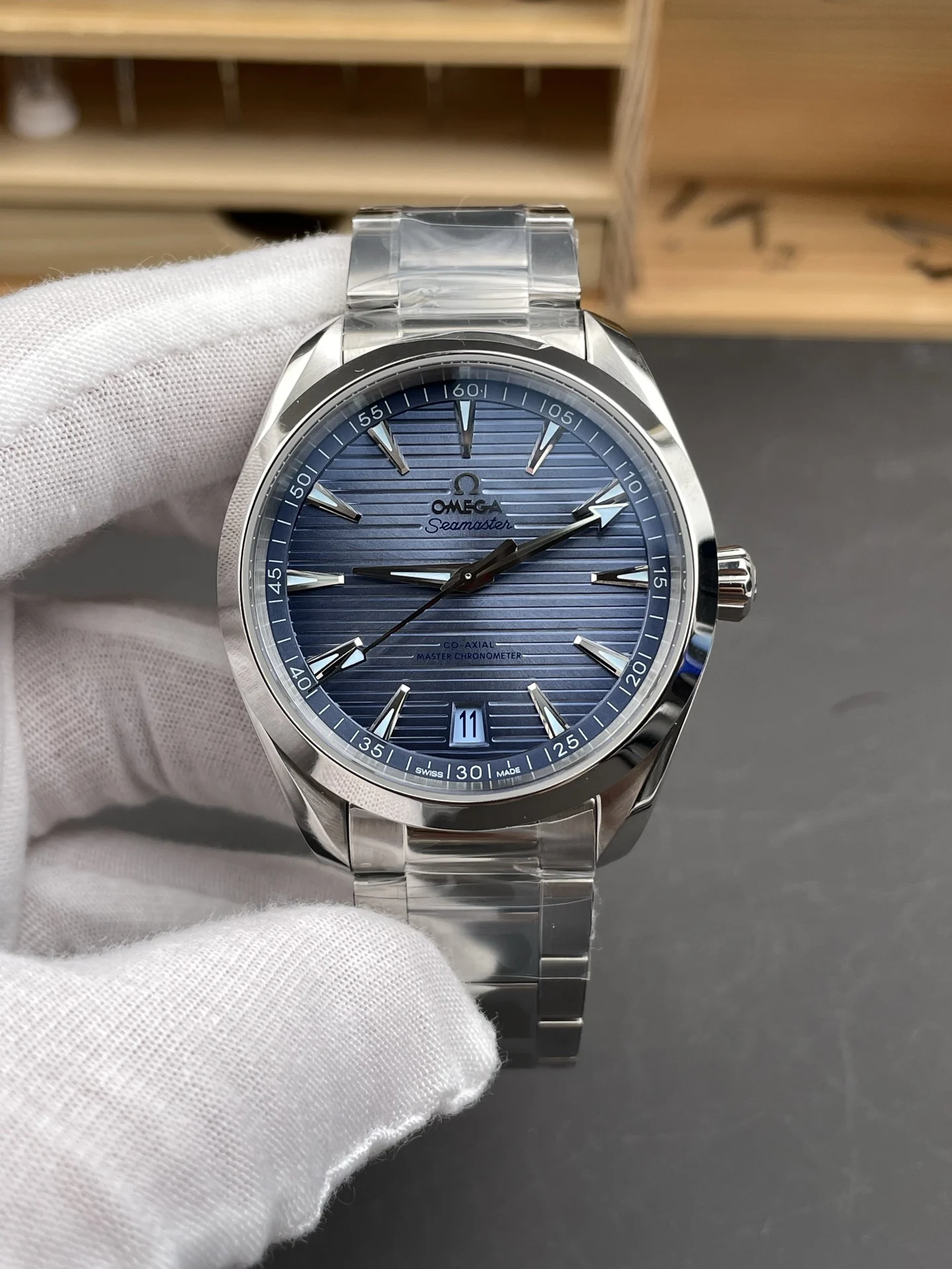 Omega Seamaster Aqua Terra Ice Blue Blue Dial 41mm — photographed off the sweep