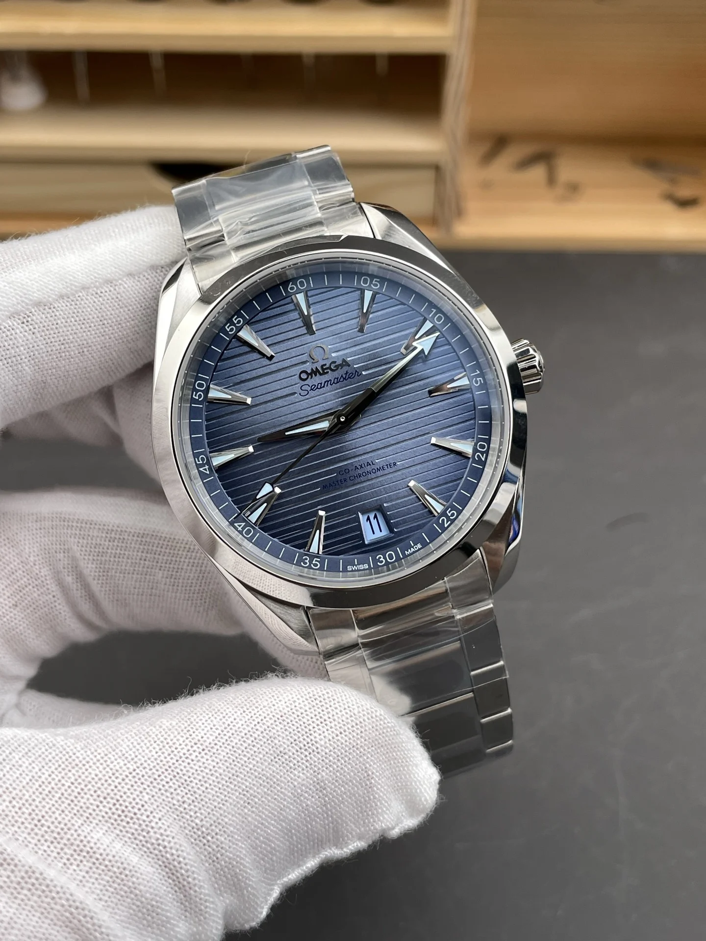 Omega Seamaster Aqua Terra Ice Blue Blue Dial 41mm — photographed off the sweep