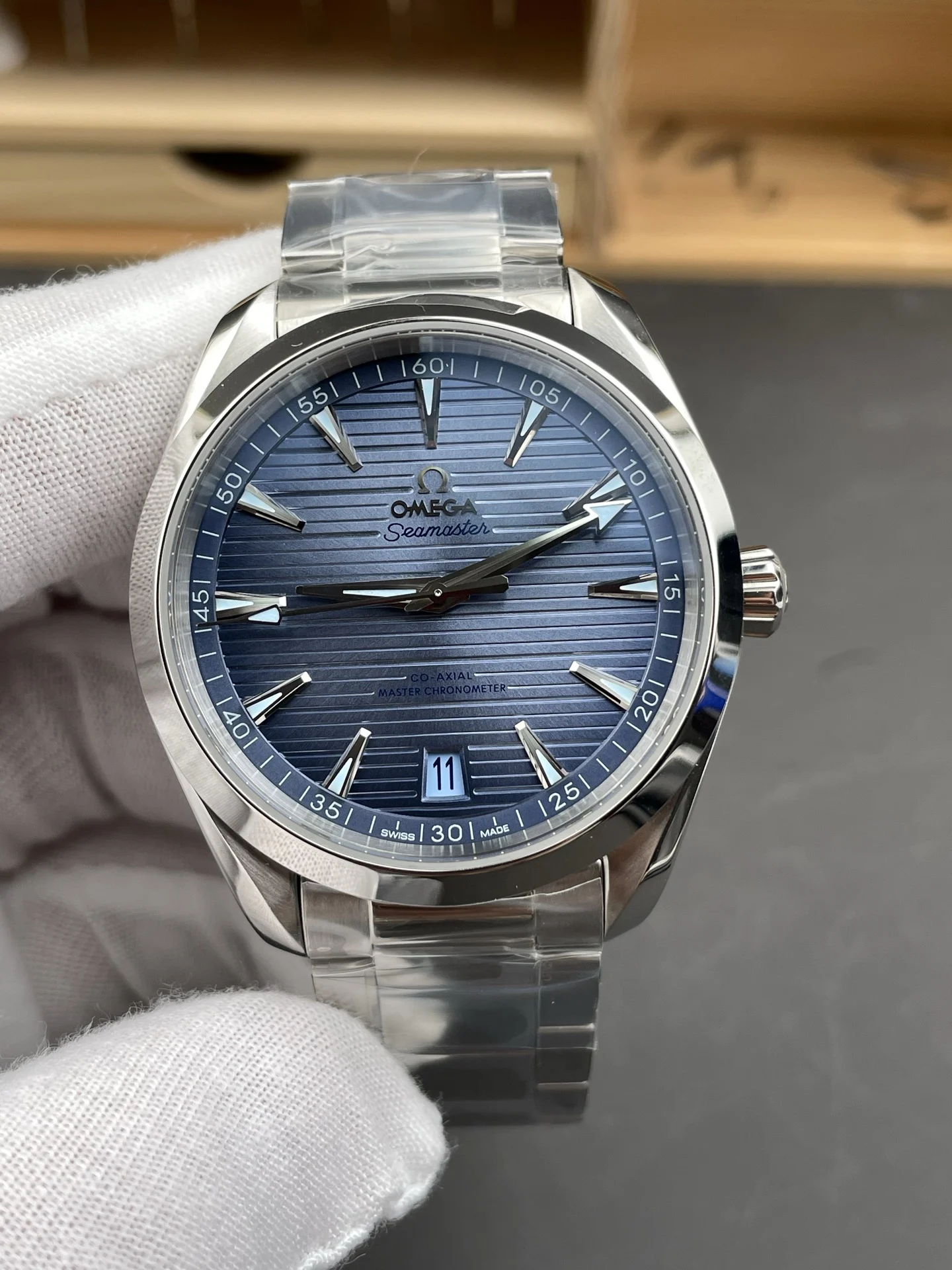 Omega Seamaster Aqua Terra Ice Blue Blue Dial 41mm — photographed off the sweep