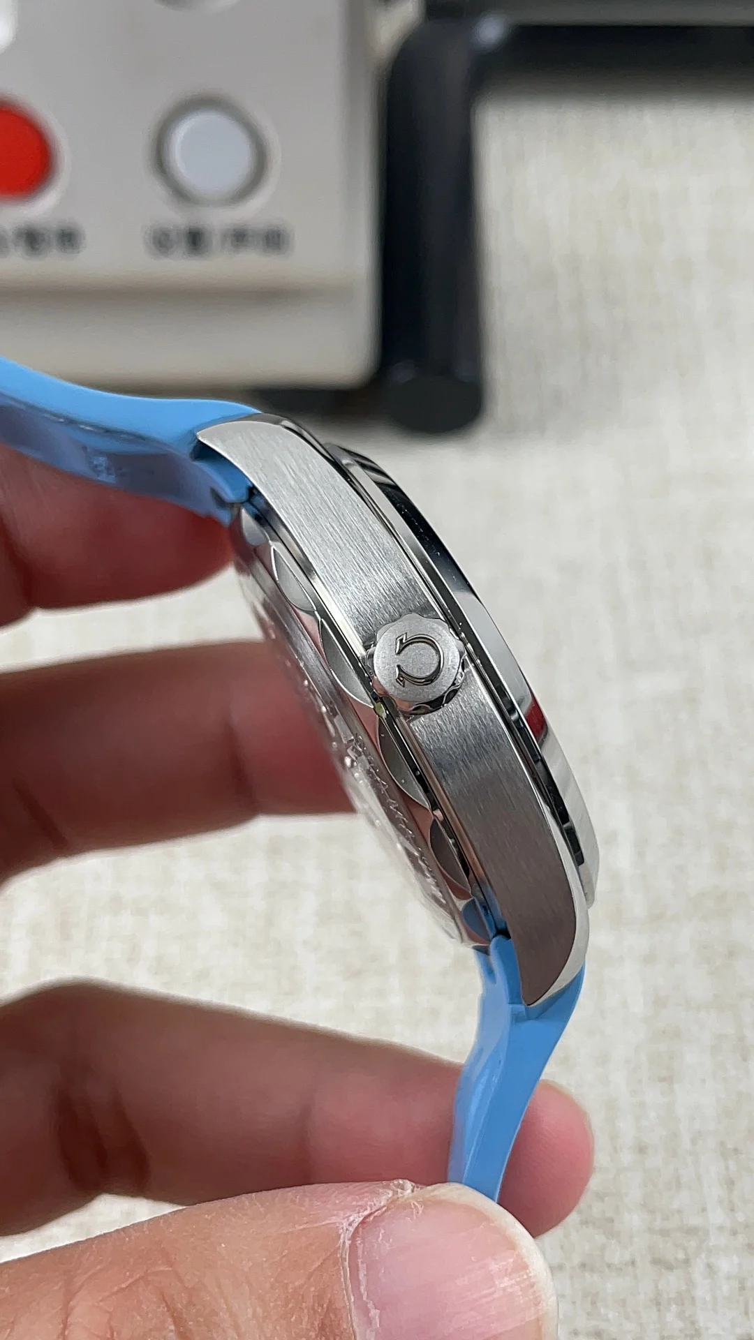 Omega Seamaster Aqua Terra Ice Blue Blue Dial — photographed off the sweep