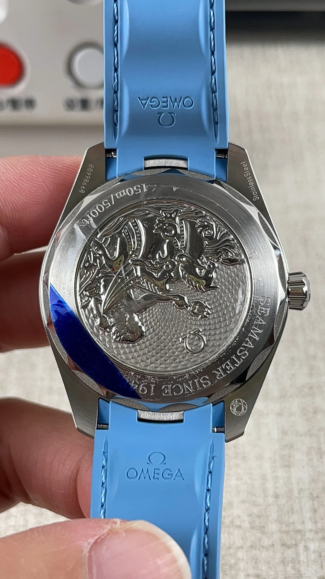 Omega Seamaster Aqua Terra Ice Blue Blue Dial — photographed off the sweep
