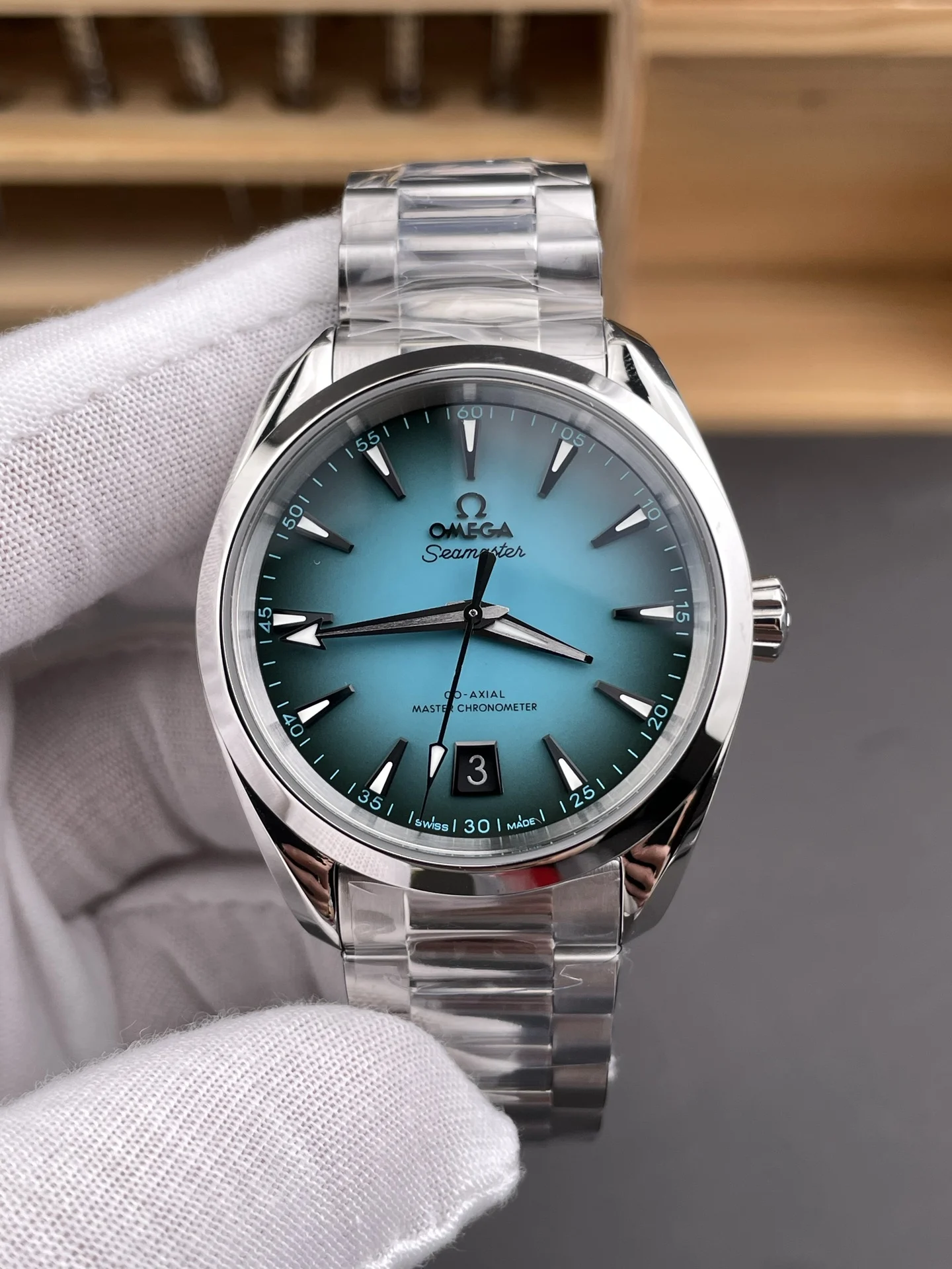 Omega Seamaster Aqua Terra Turquoise Dial 38mm — photographed off the sweep