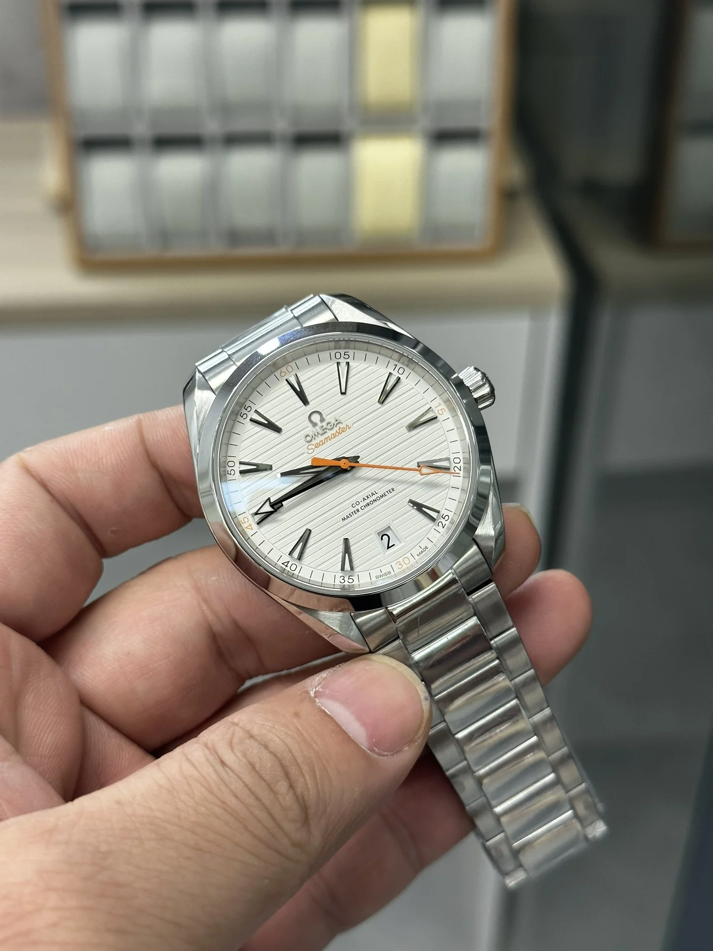 Omega Seamaster Aqua Terra White Dial — photographed off the sweep