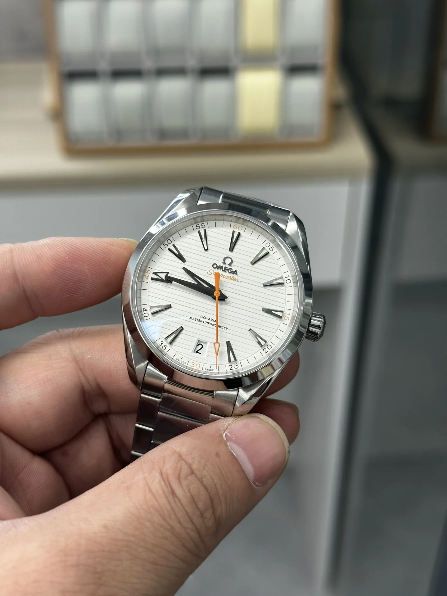 Omega Seamaster Aqua Terra White Dial — photographed off the sweep