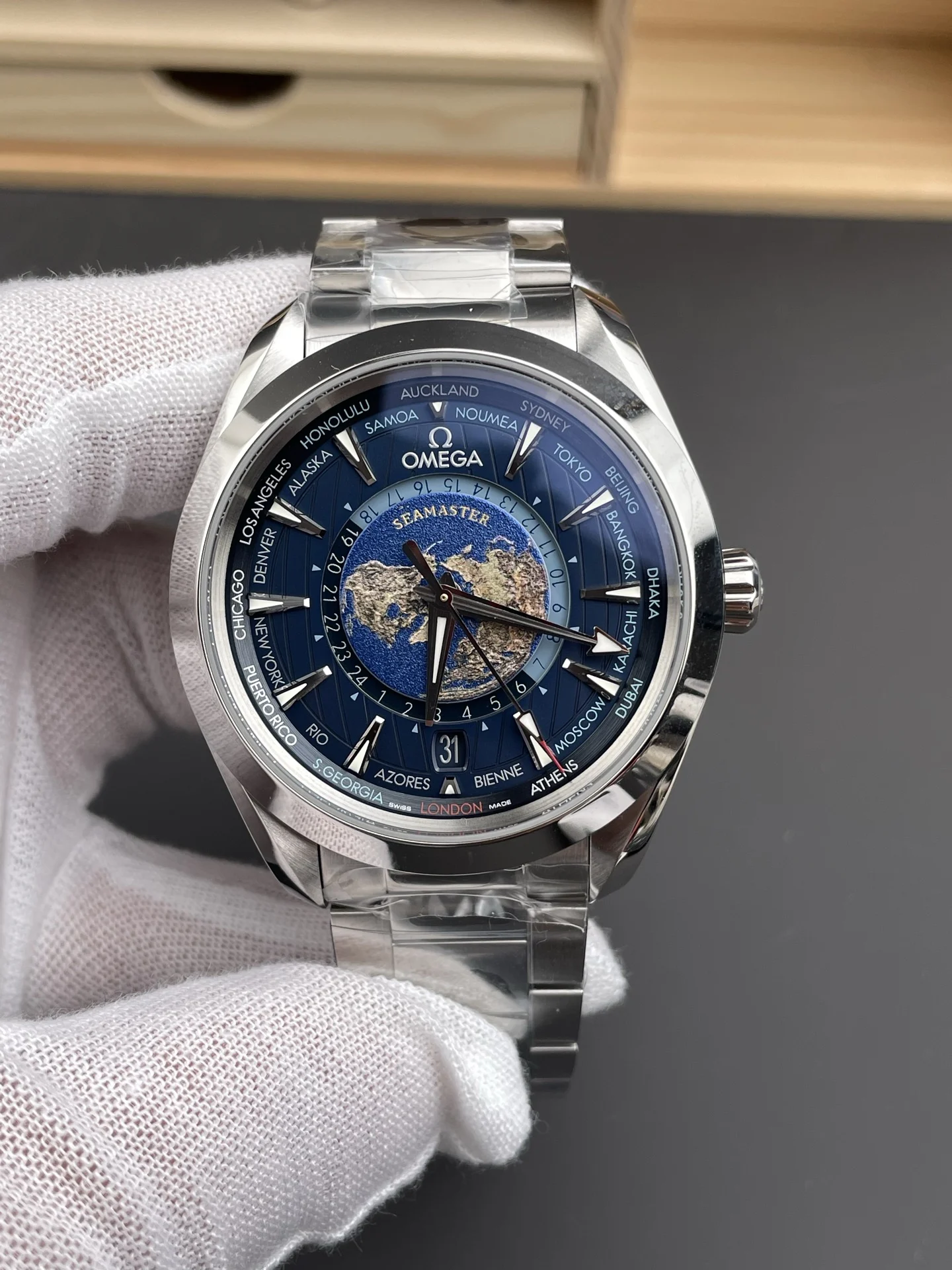 Omega Seamaster Aqua Terra World Time Blue Dial 43mm — photographed off the sweep