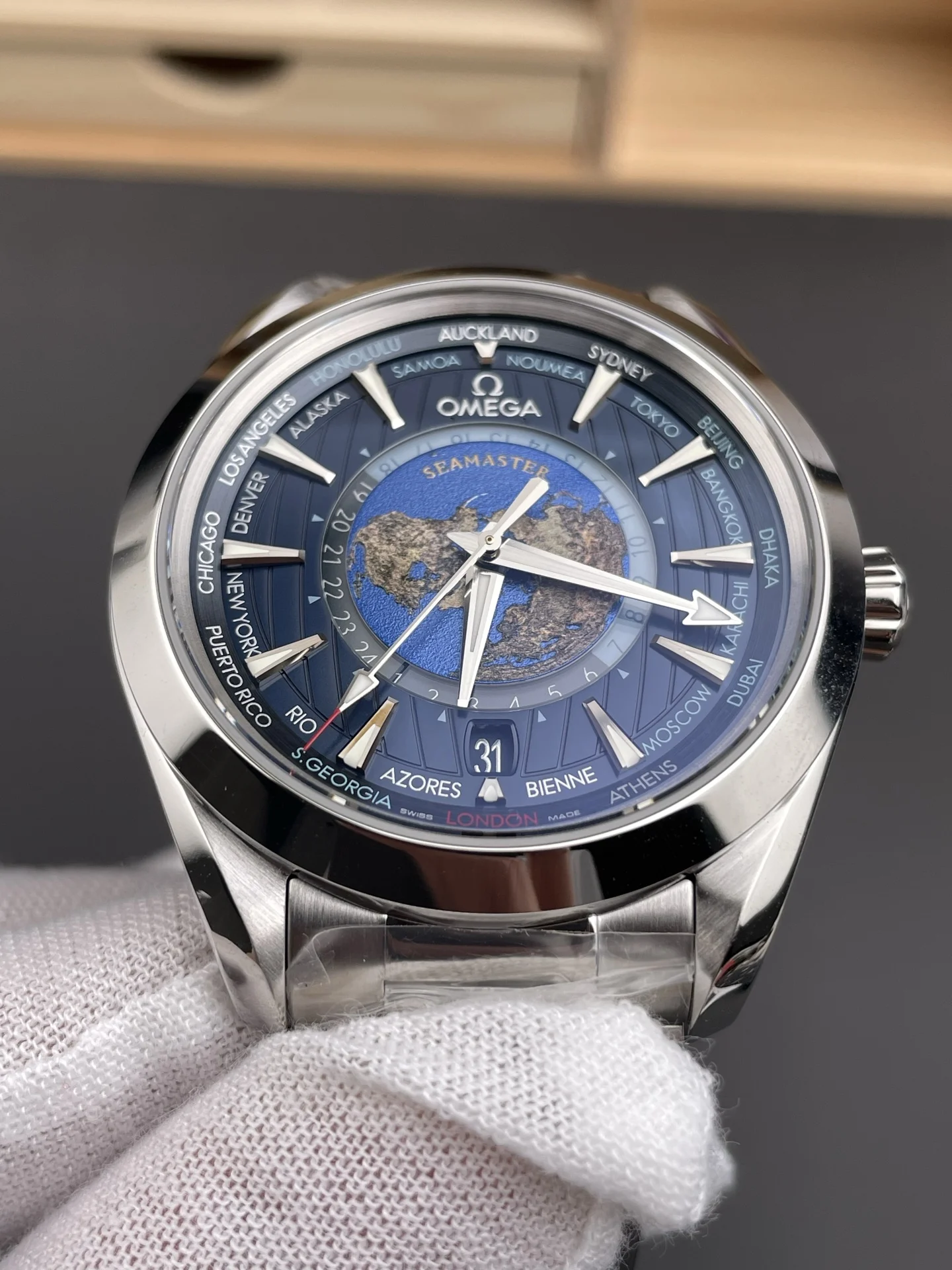 Omega Seamaster Aqua Terra World Time Blue Dial 43mm — photographed off the sweep