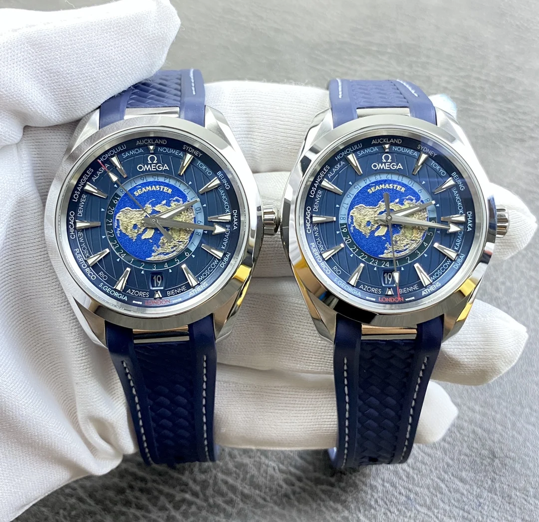 Omega Seamaster Aqua Terra World Time Blue Dial 43mm — photographed off the sweep