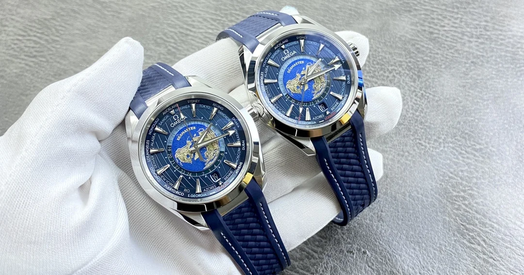 Omega Seamaster Aqua Terra World Time Blue Dial 43mm — photographed off the sweep