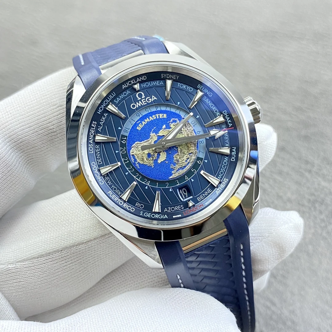 Omega Seamaster Aqua Terra World Time Blue Dial 43mm — photographed off the sweep